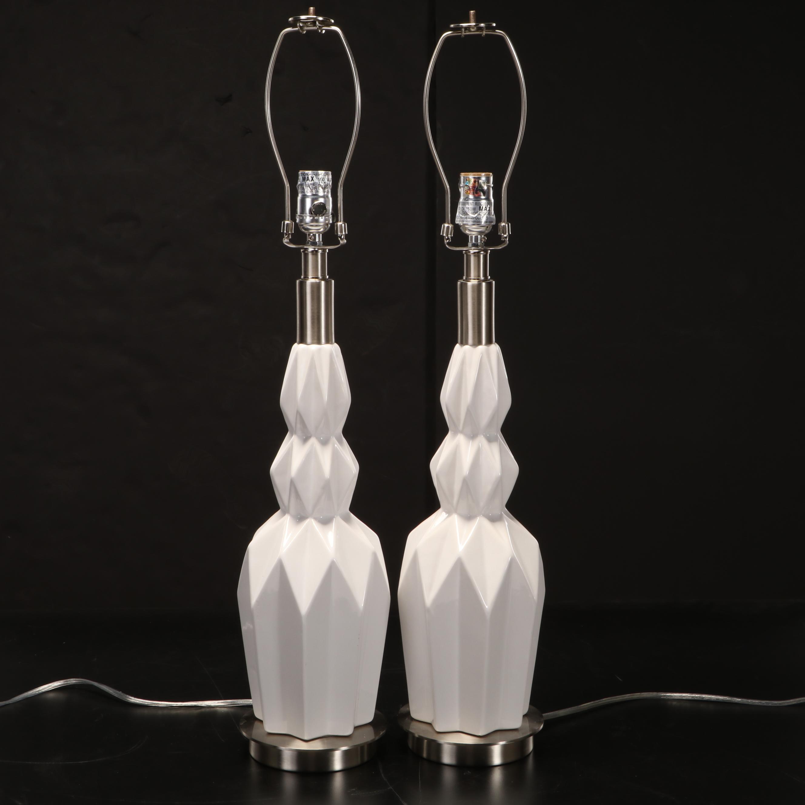 Uttermost "Cabret" White Ceramic Table Lamps With Grey Drum Shades, 2017