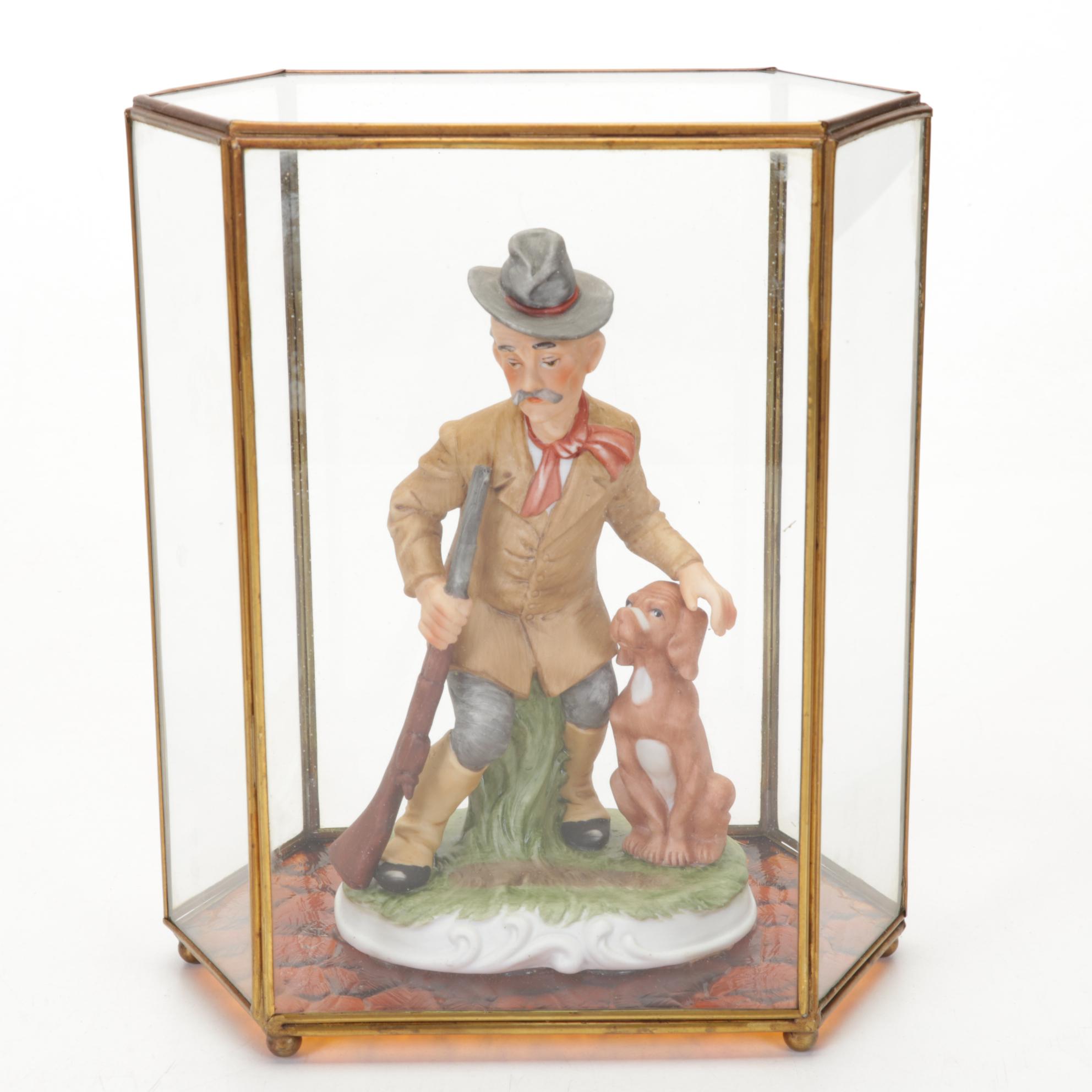 Ceramic Hunter Figurine in Glass Case with Other Dog Figurines, Mid-Late 20th C
