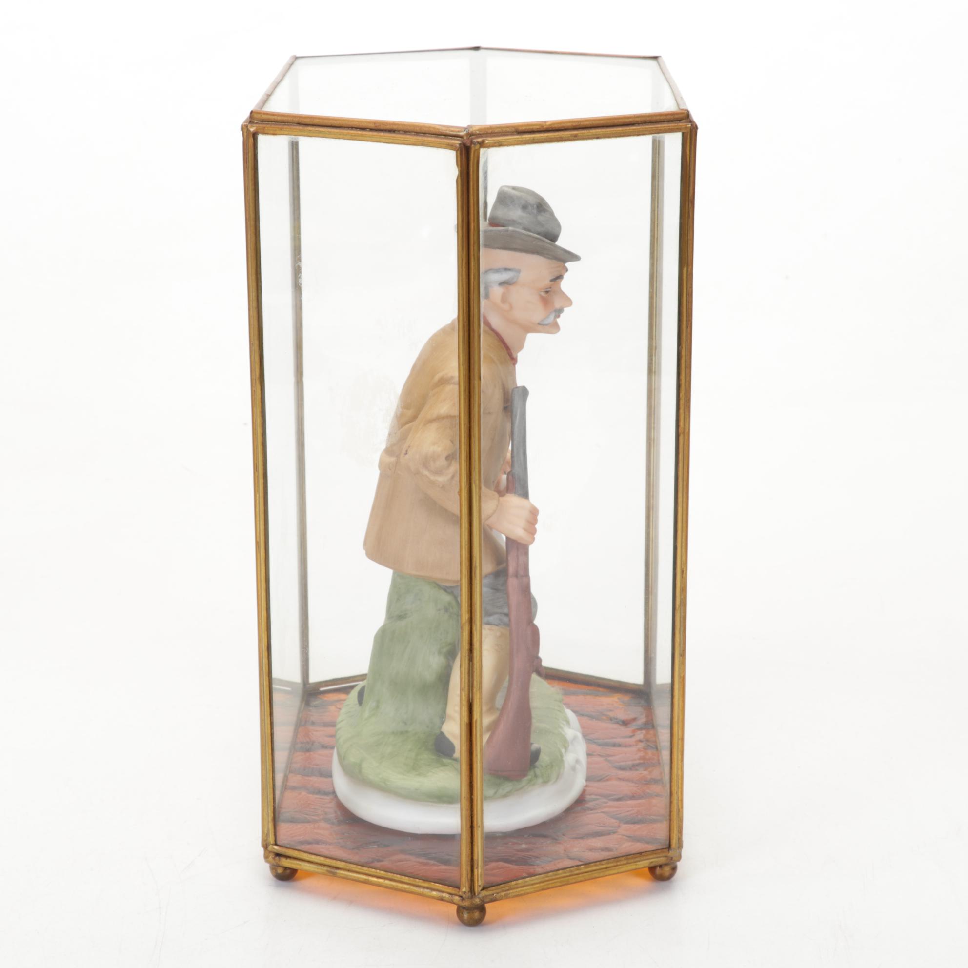 Ceramic Hunter Figurine in Glass Case with Other Dog Figurines, Mid-Late 20th C