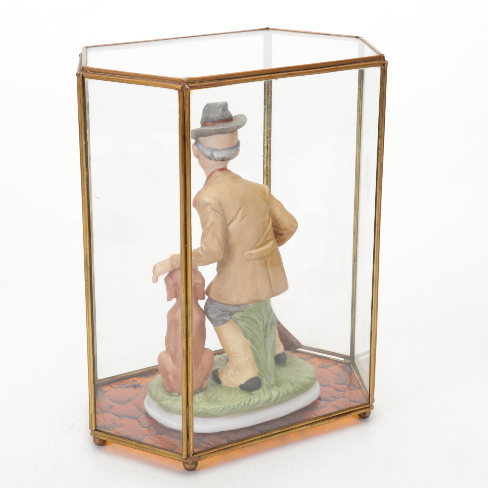 Ceramic Hunter Figurine in Glass Case with Other Dog Figurines, Mid-Late 20th C
