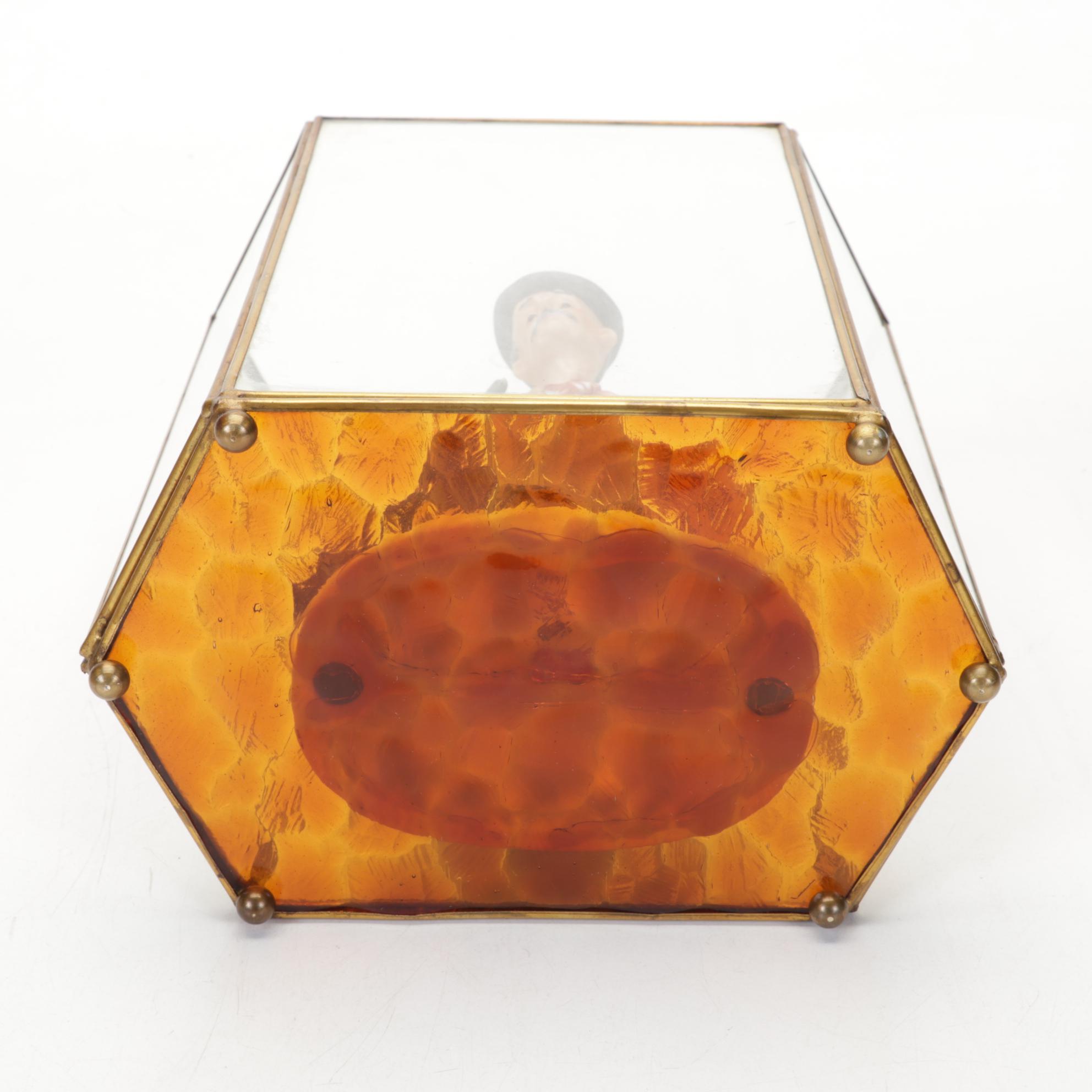 Ceramic Hunter Figurine in Glass Case with Other Dog Figurines, Mid-Late 20th C