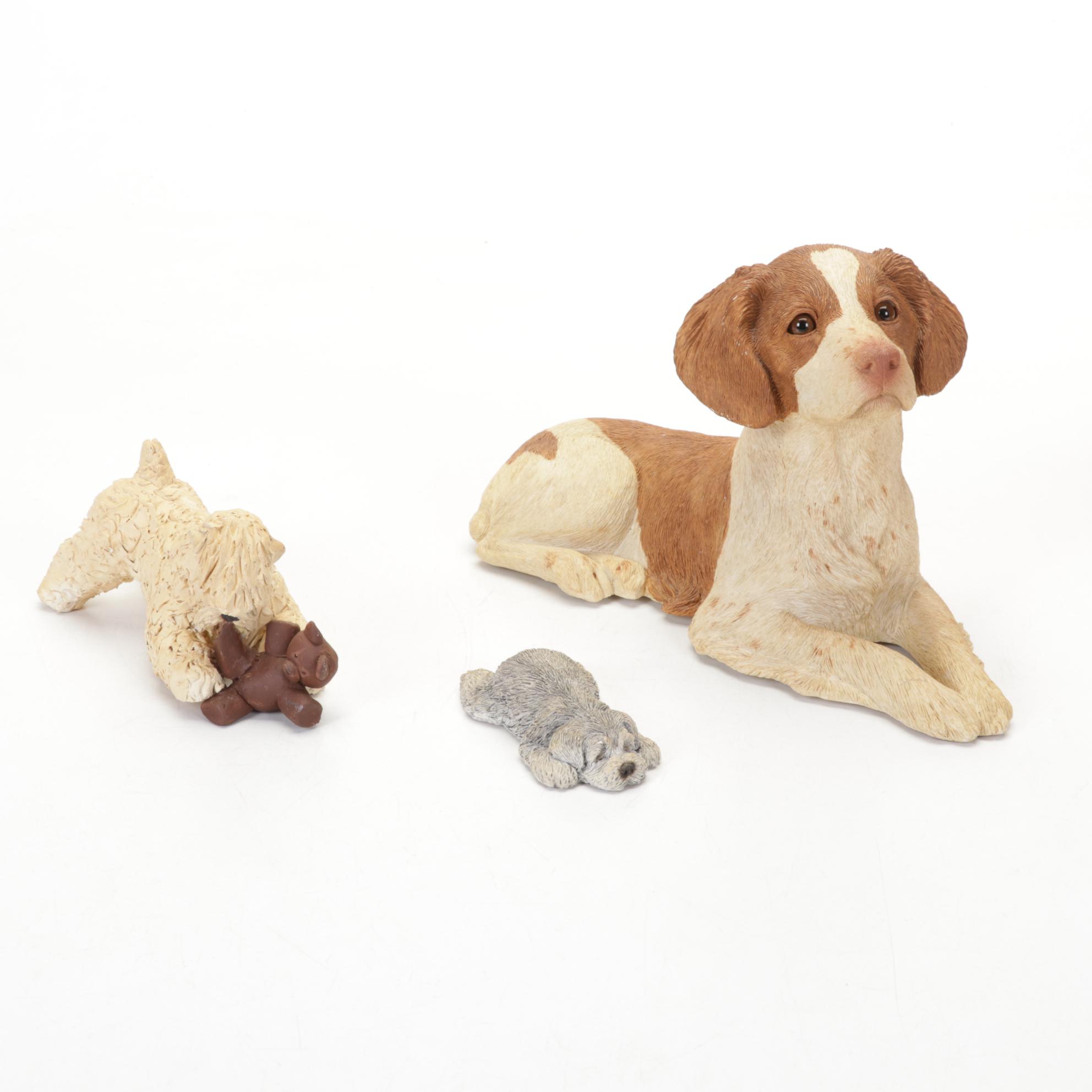Ceramic Hunter Figurine in Glass Case with Other Dog Figurines, Mid-Late 20th C