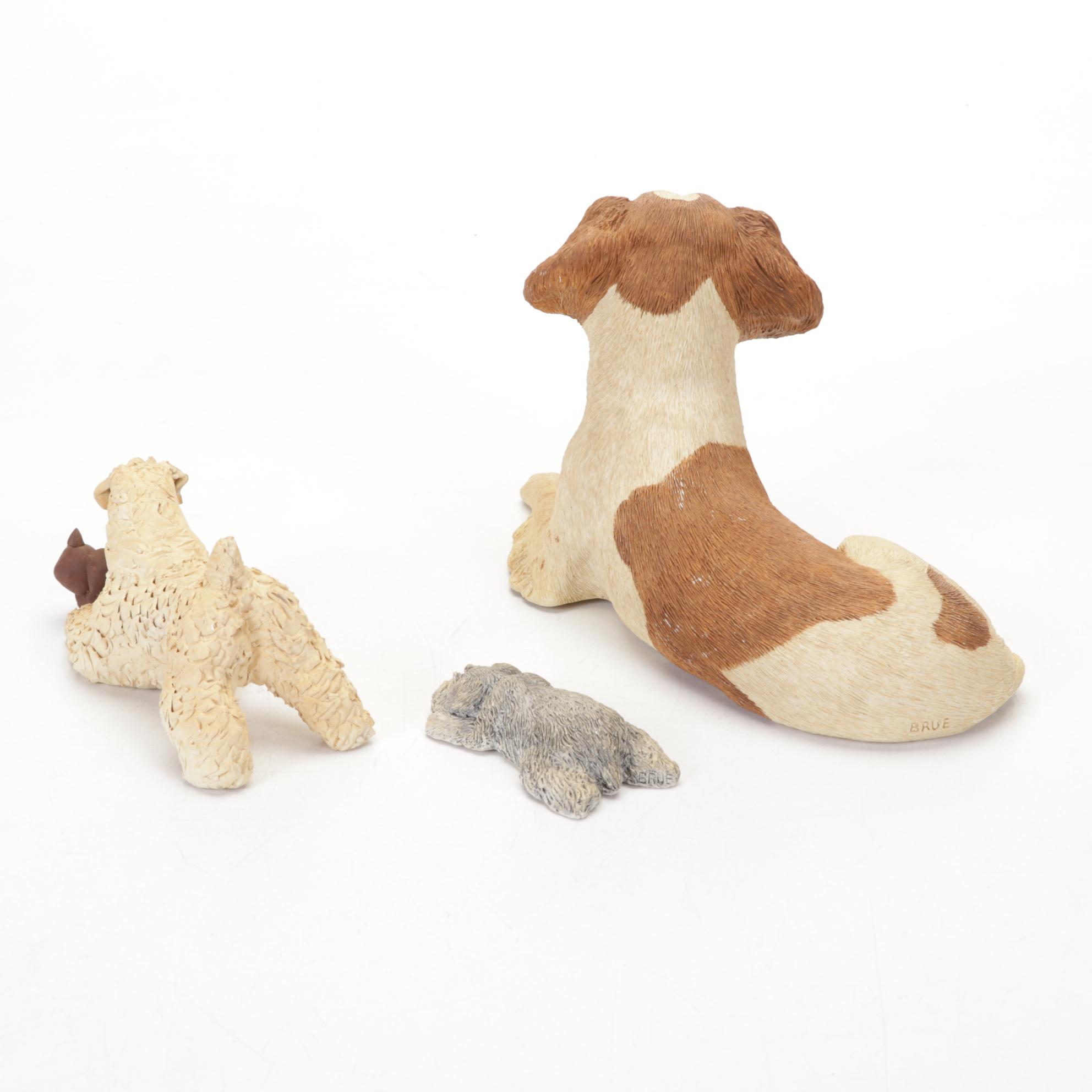 Ceramic Hunter Figurine in Glass Case with Other Dog Figurines, Mid-Late 20th C