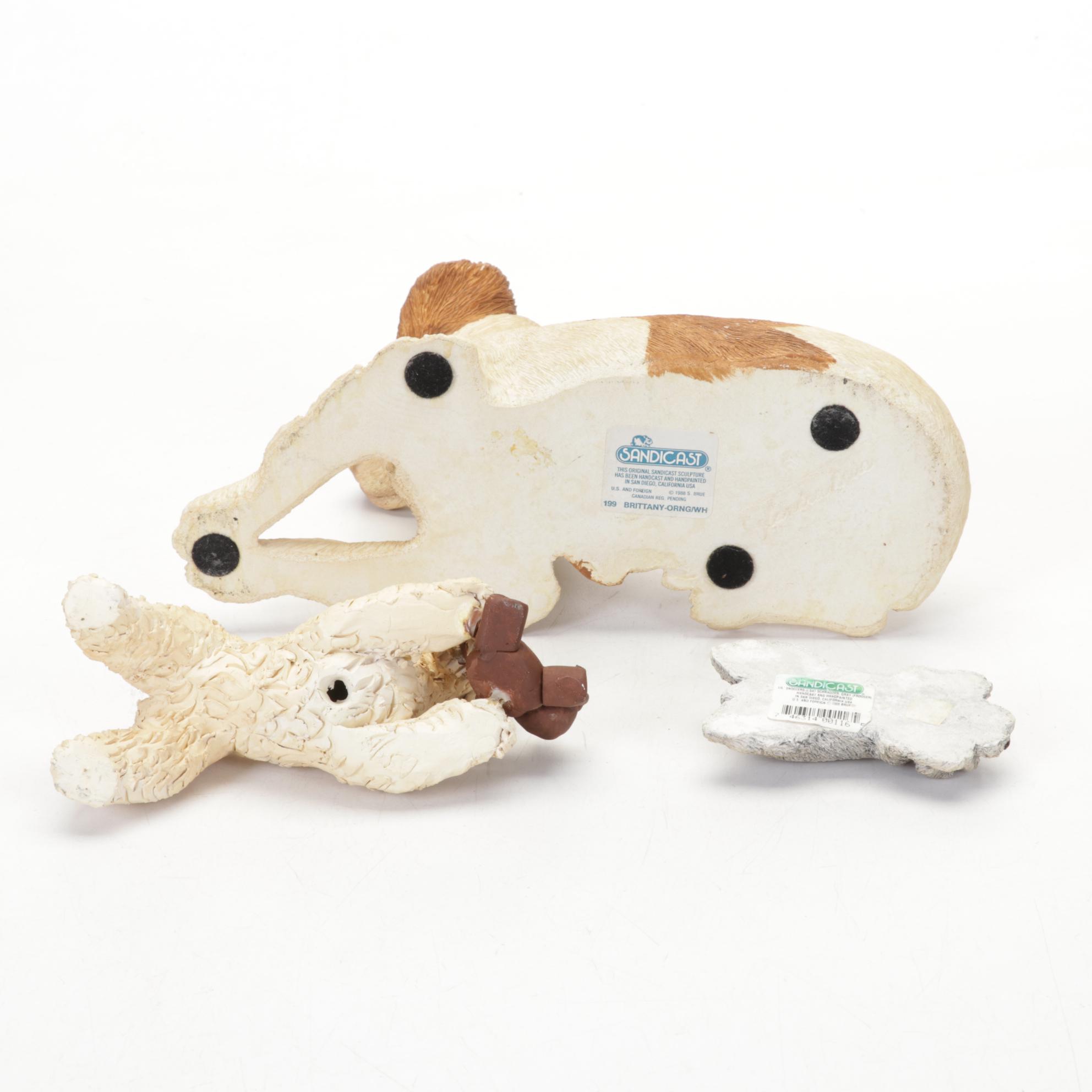 Ceramic Hunter Figurine in Glass Case with Other Dog Figurines, Mid-Late 20th C