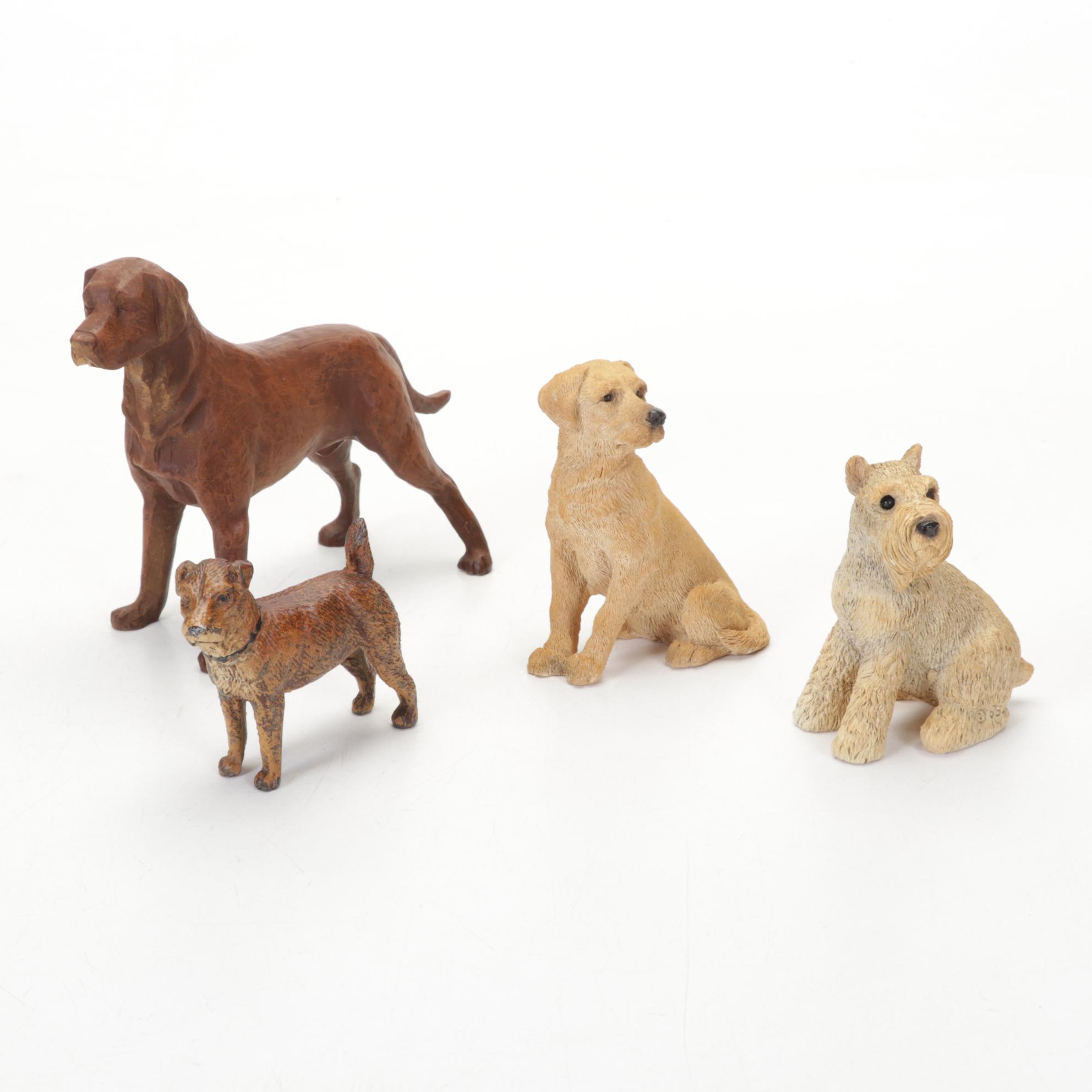 Ceramic Hunter Figurine in Glass Case with Other Dog Figurines, Mid-Late 20th C