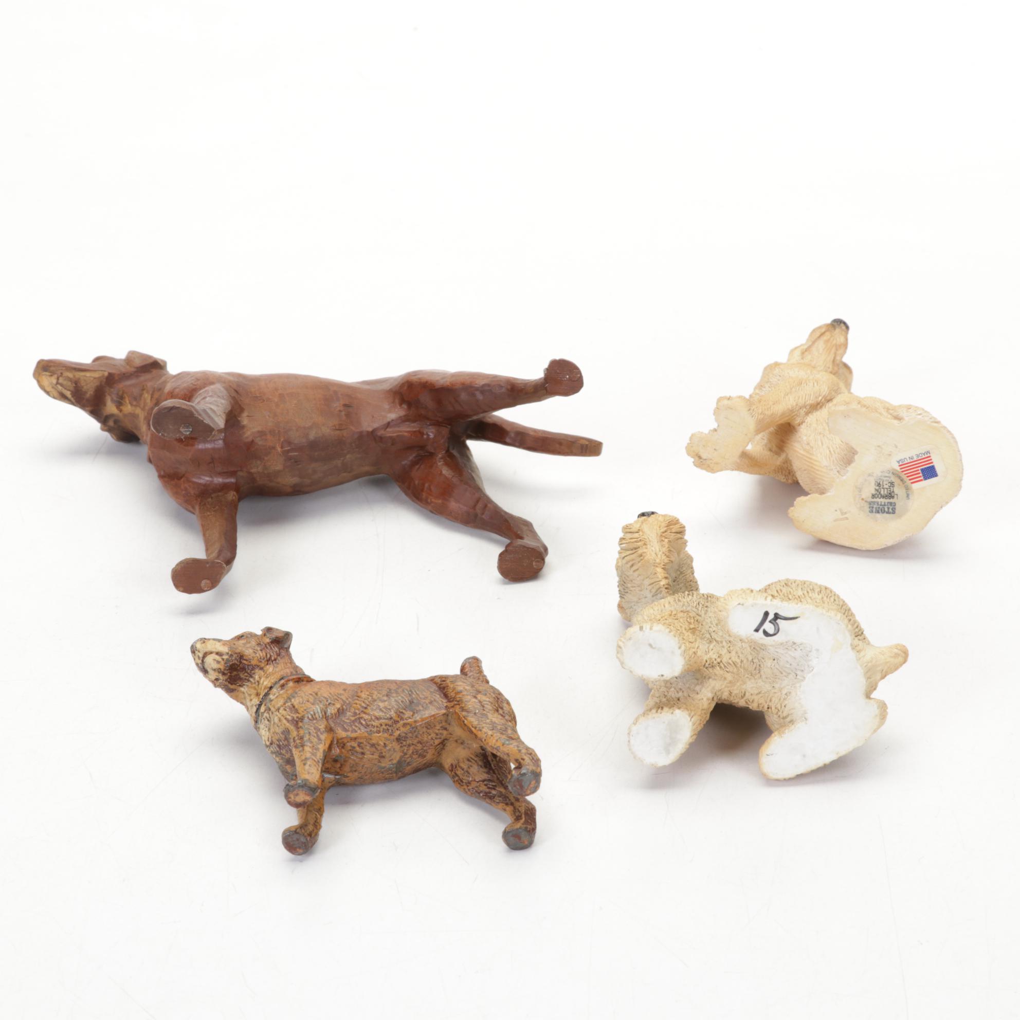 Ceramic Hunter Figurine in Glass Case with Other Dog Figurines, Mid-Late 20th C