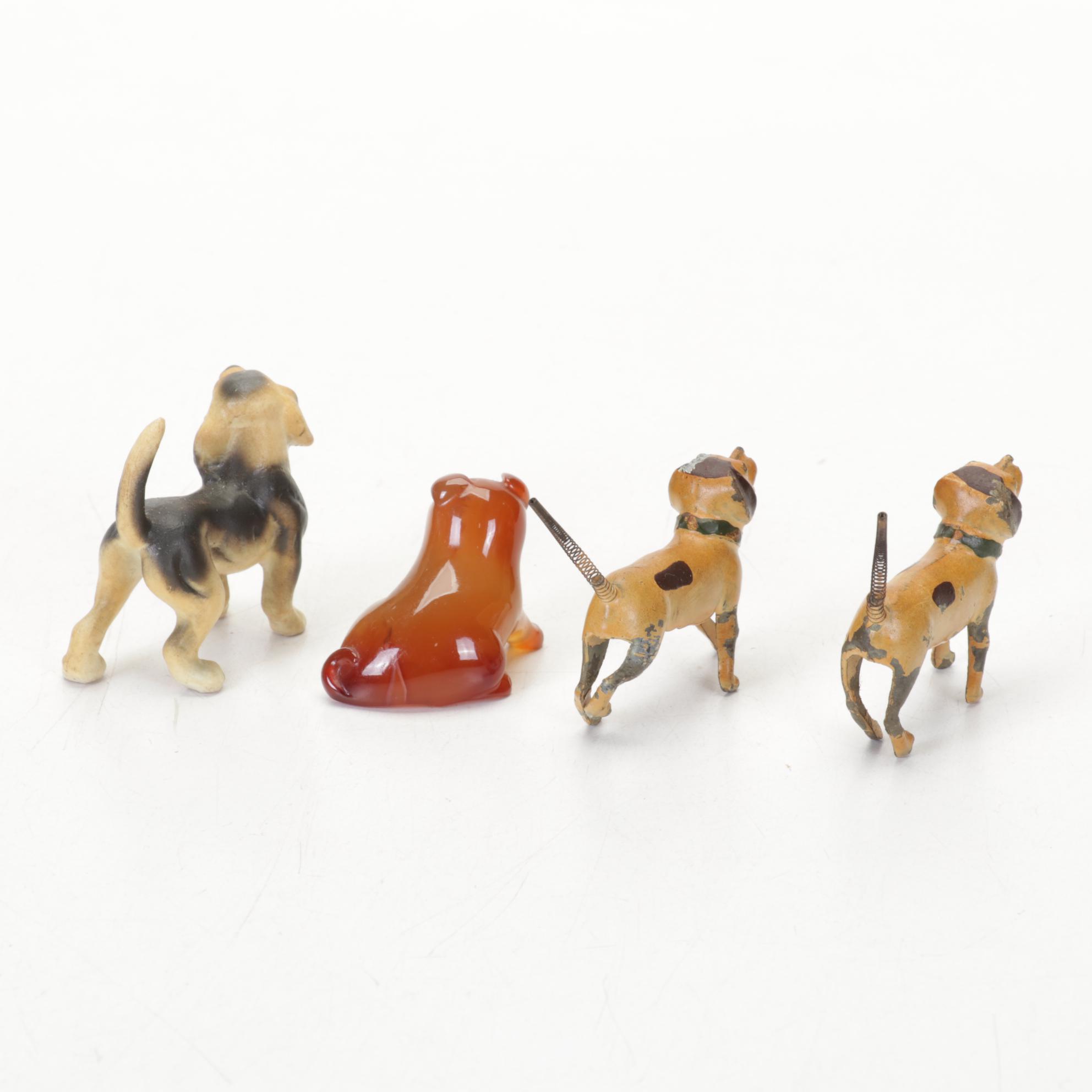 Ceramic Hunter Figurine in Glass Case with Other Dog Figurines, Mid-Late 20th C