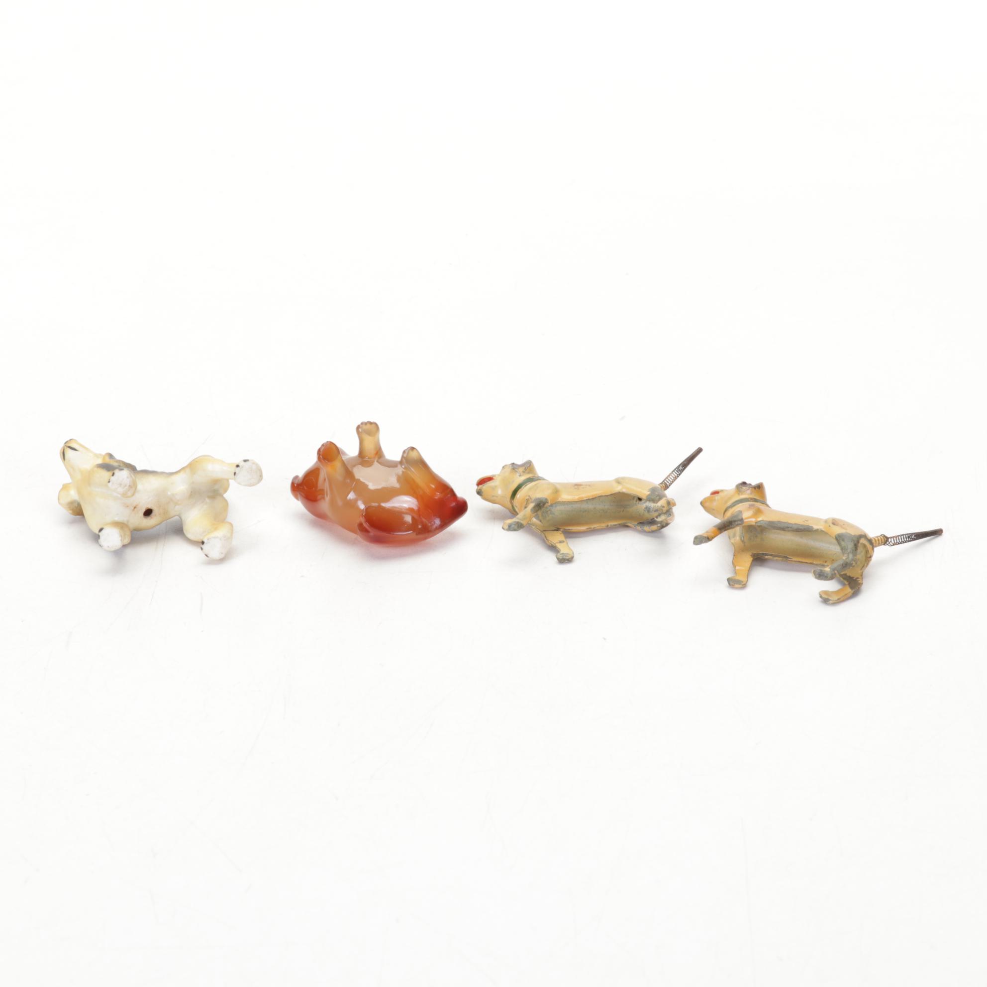 Ceramic Hunter Figurine in Glass Case with Other Dog Figurines, Mid-Late 20th C