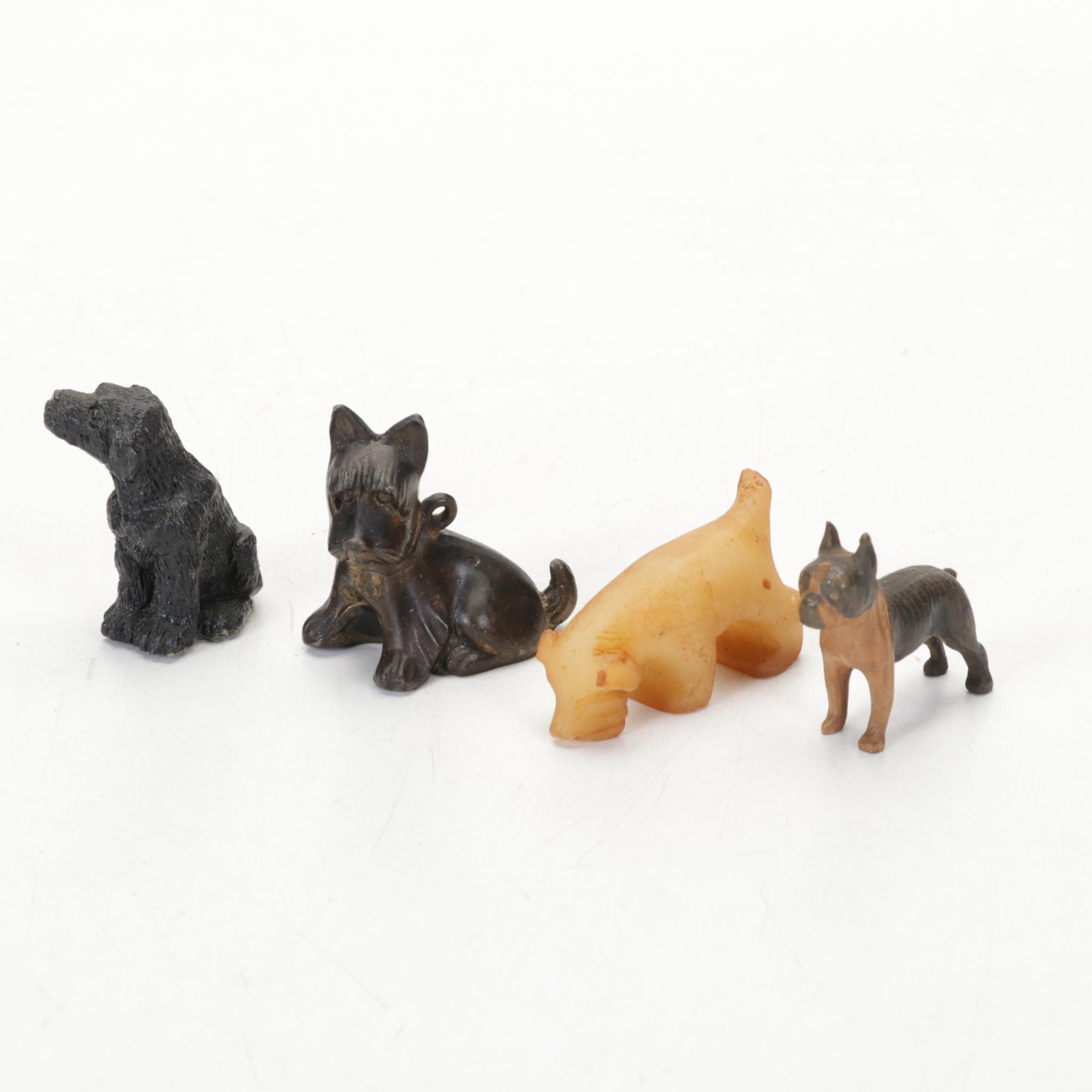 Ceramic Hunter Figurine in Glass Case with Other Dog Figurines, Mid-Late 20th C