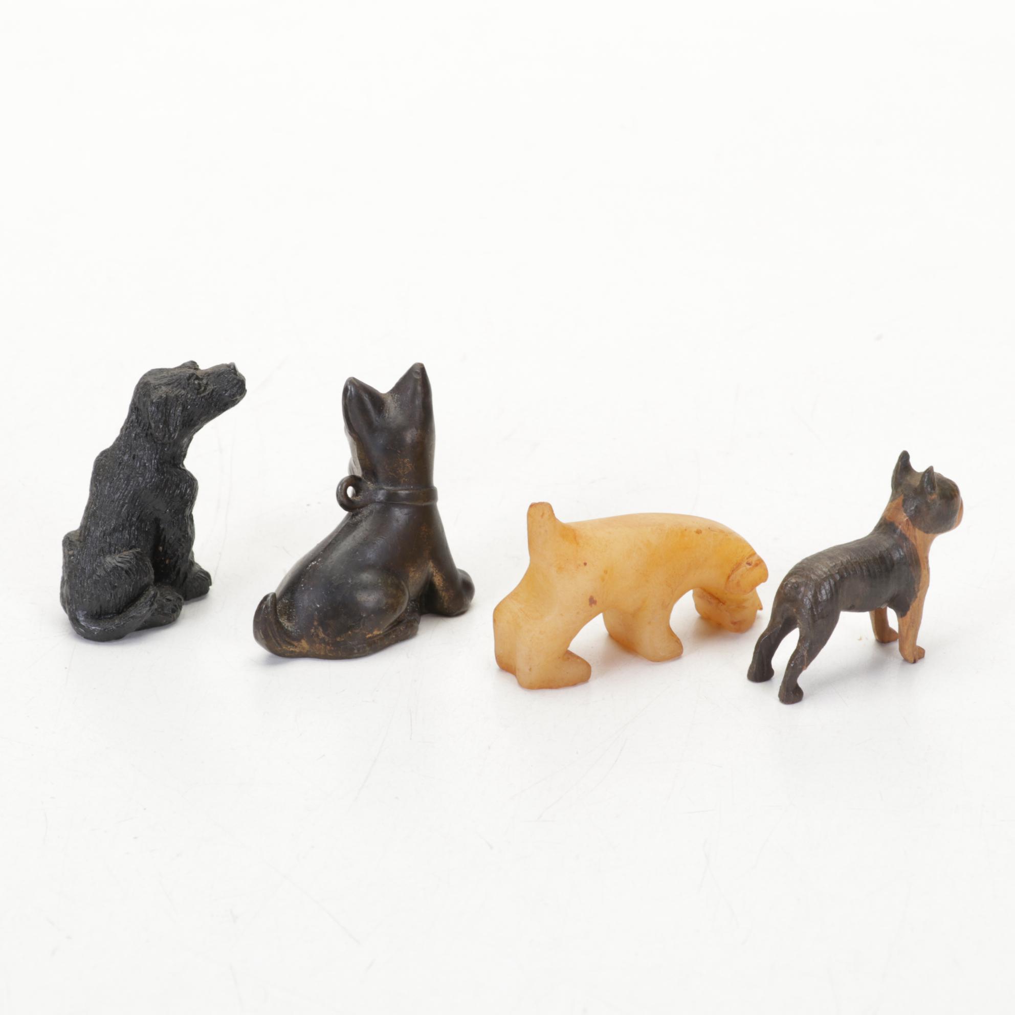 Ceramic Hunter Figurine in Glass Case with Other Dog Figurines, Mid-Late 20th C