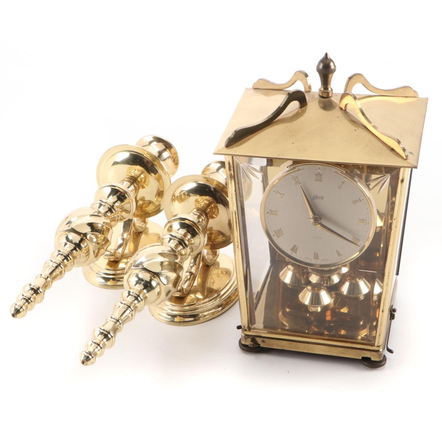 Schatz Brass 400-Day Mantel Clock and Pair of Brass Wall Candle Sconces