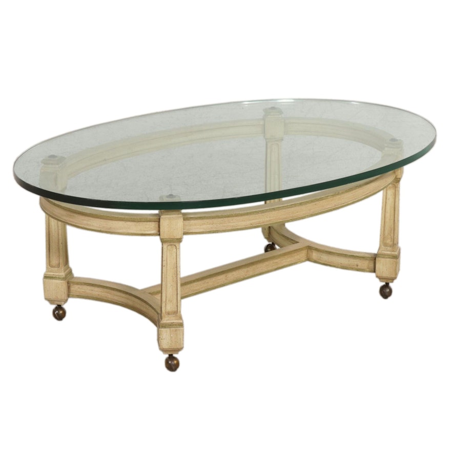 Painted Wood and Oval Glass Top Coffee Table on Casters, Mid to Late 20th C.