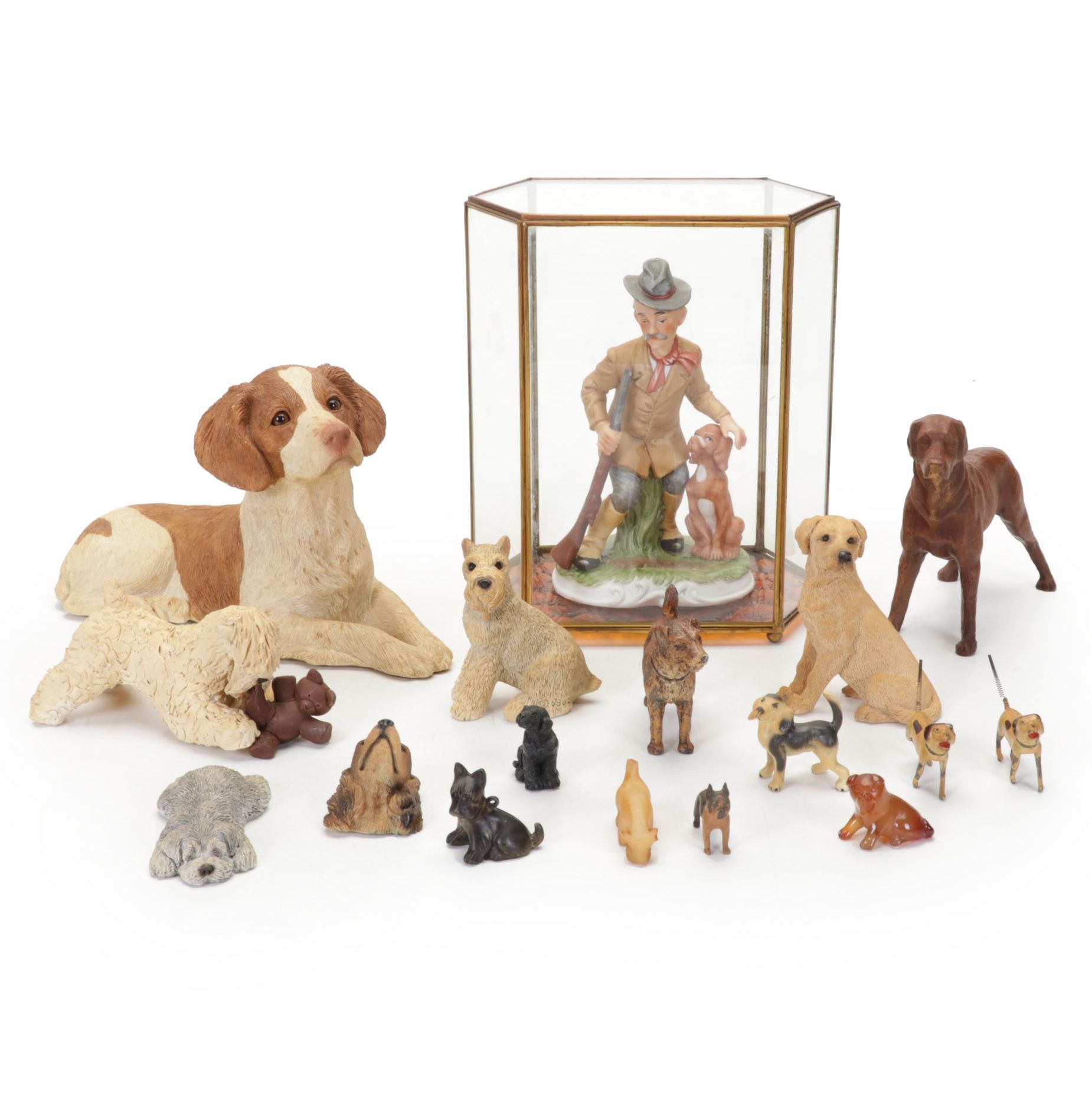 Ceramic Hunter Figurine in Glass Case with Other Dog Figurines, Mid-Late 20th C