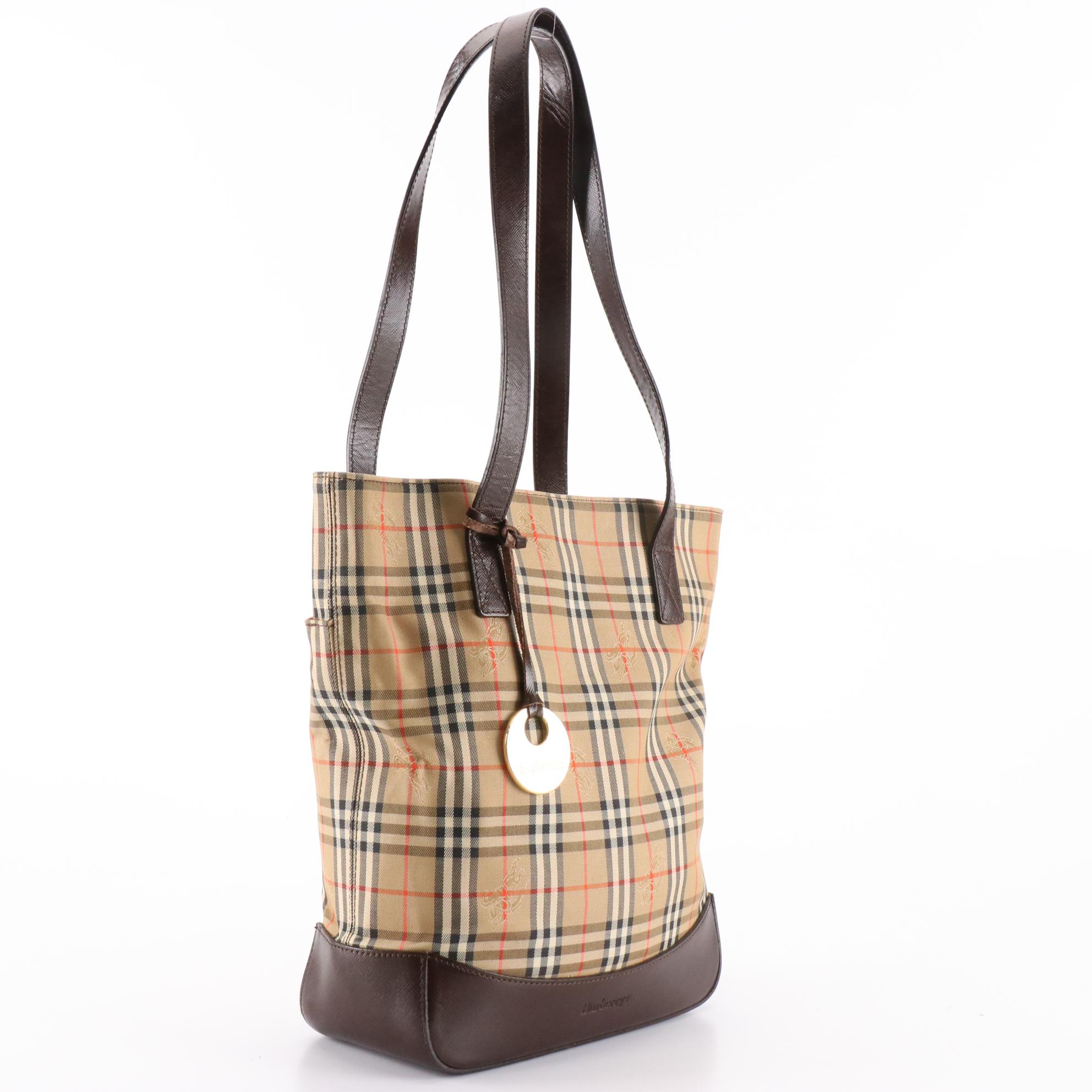 Burberrys Shoulder Tote Bag in Haymarket Check Canvas and Brown Leather