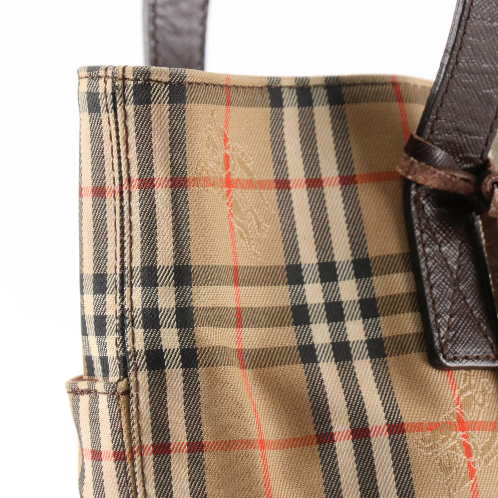 Burberrys Shoulder Tote Bag in Haymarket Check Canvas and Brown Leather