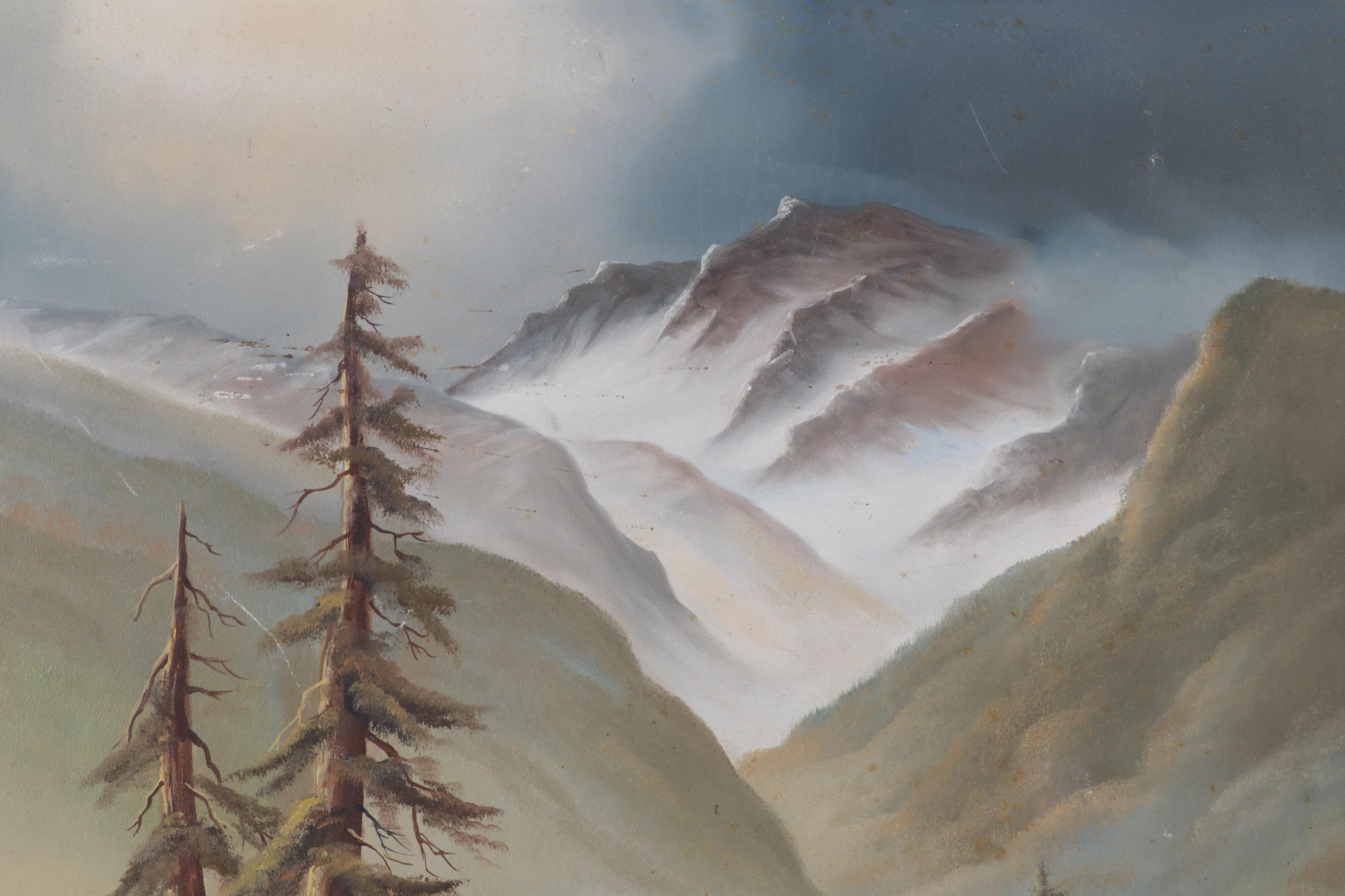 Primitivist Oil Painting of Figures Gathering Firewood in Mountain Valley, 1977