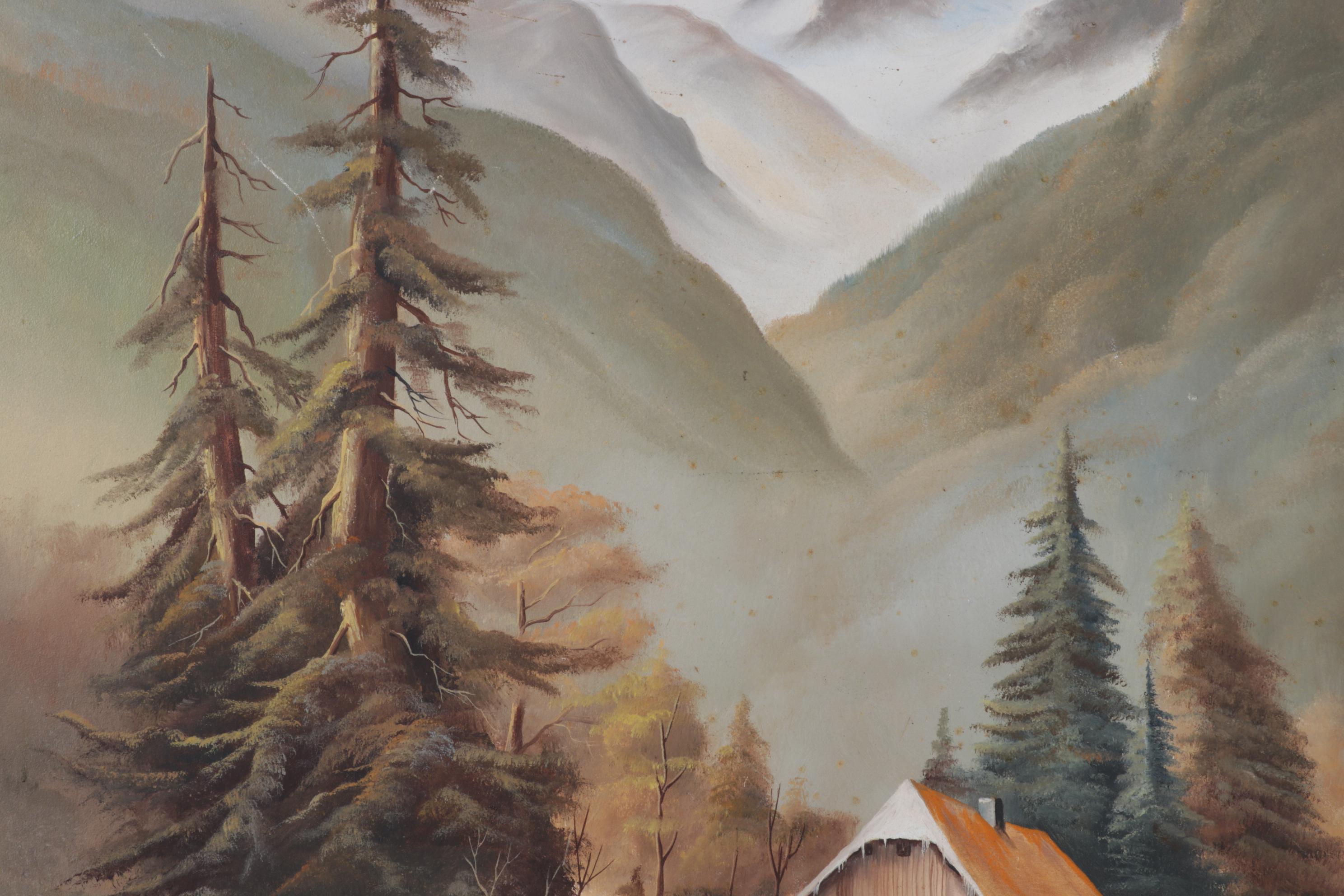 Primitivist Oil Painting of Figures Gathering Firewood in Mountain Valley, 1977