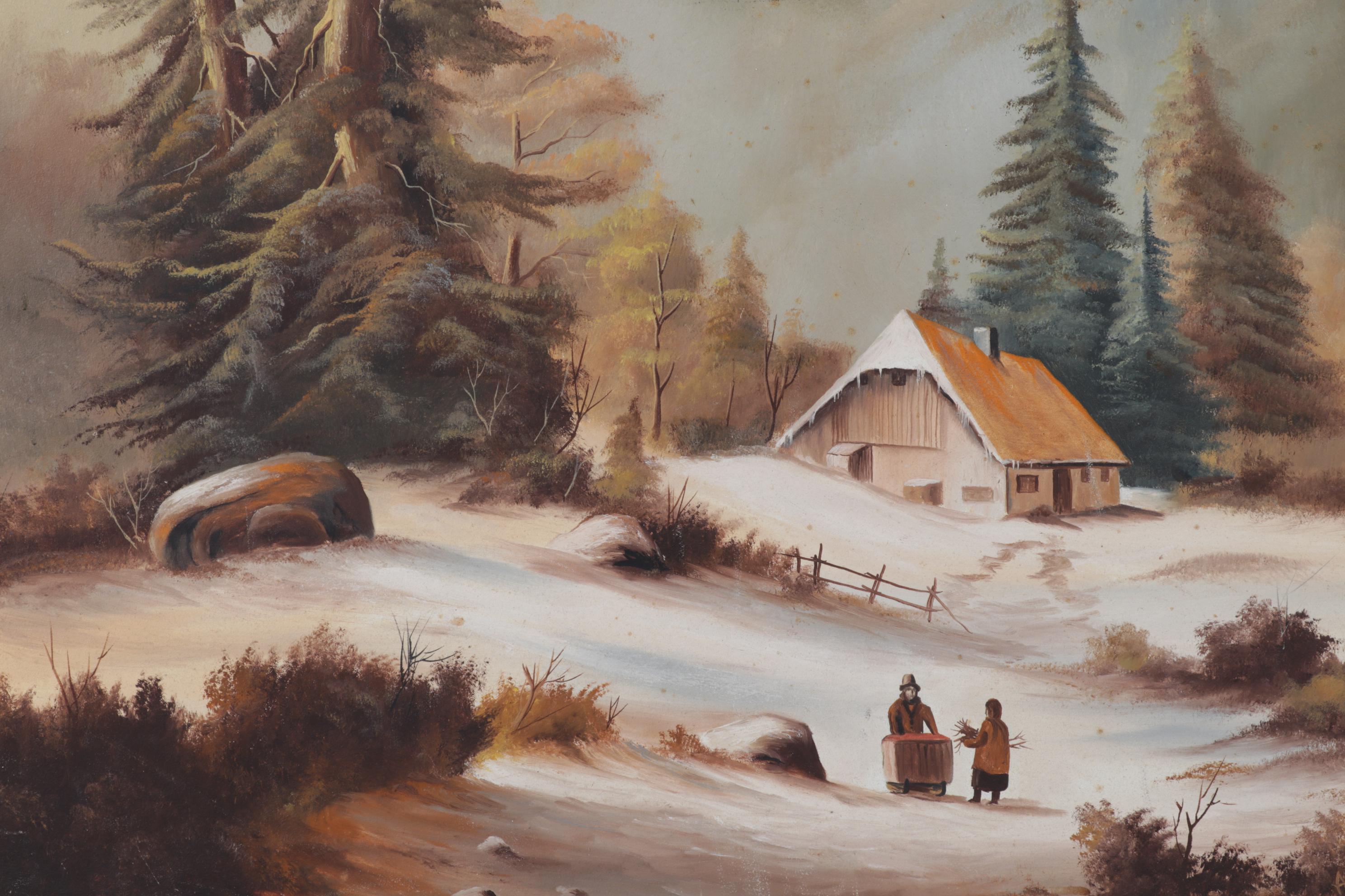 Primitivist Oil Painting of Figures Gathering Firewood in Mountain Valley, 1977