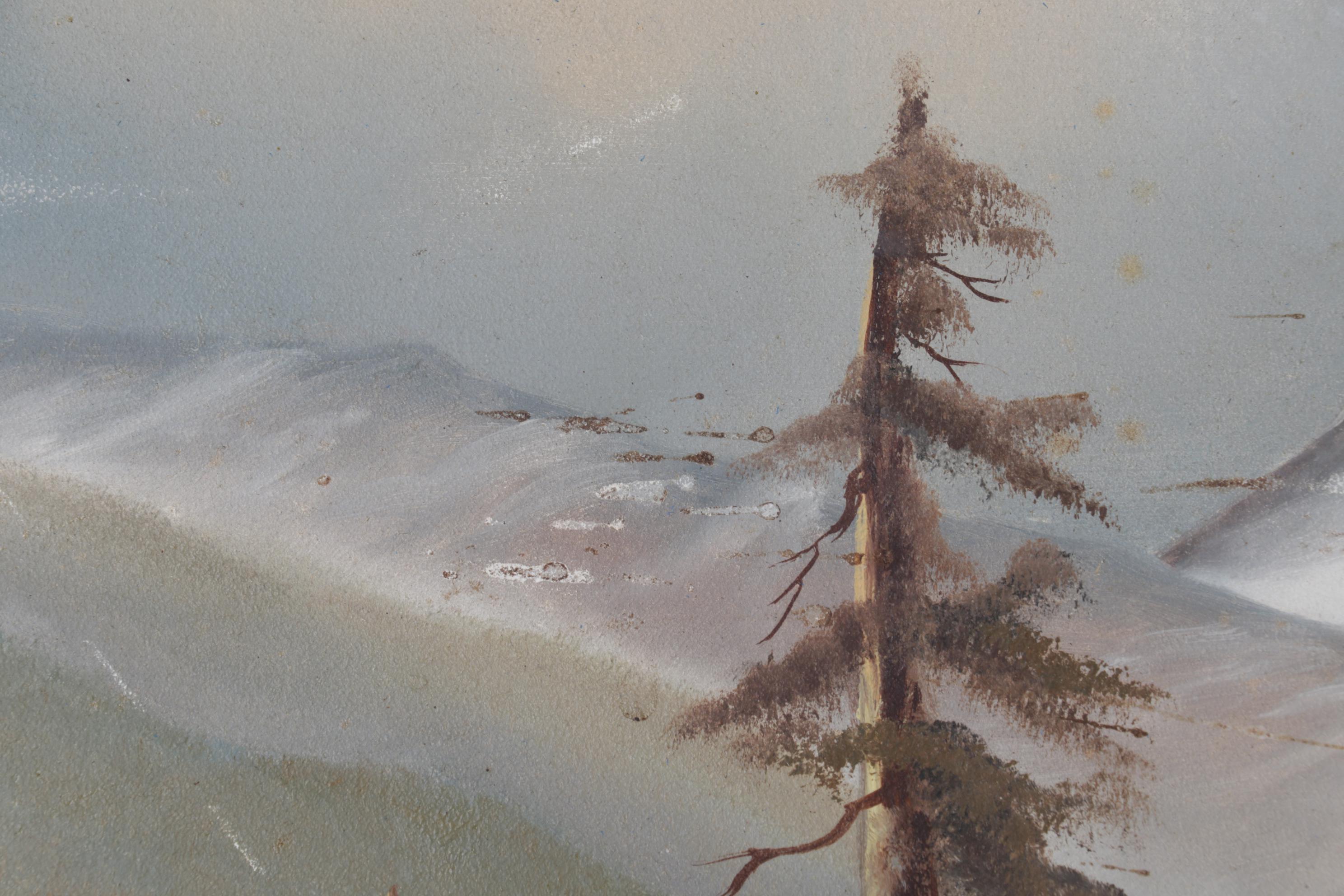 Primitivist Oil Painting of Figures Gathering Firewood in Mountain Valley, 1977