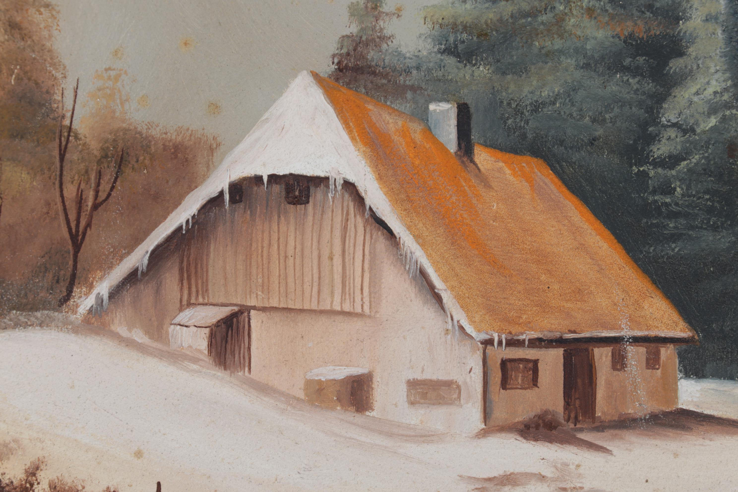 Primitivist Oil Painting of Figures Gathering Firewood in Mountain Valley, 1977