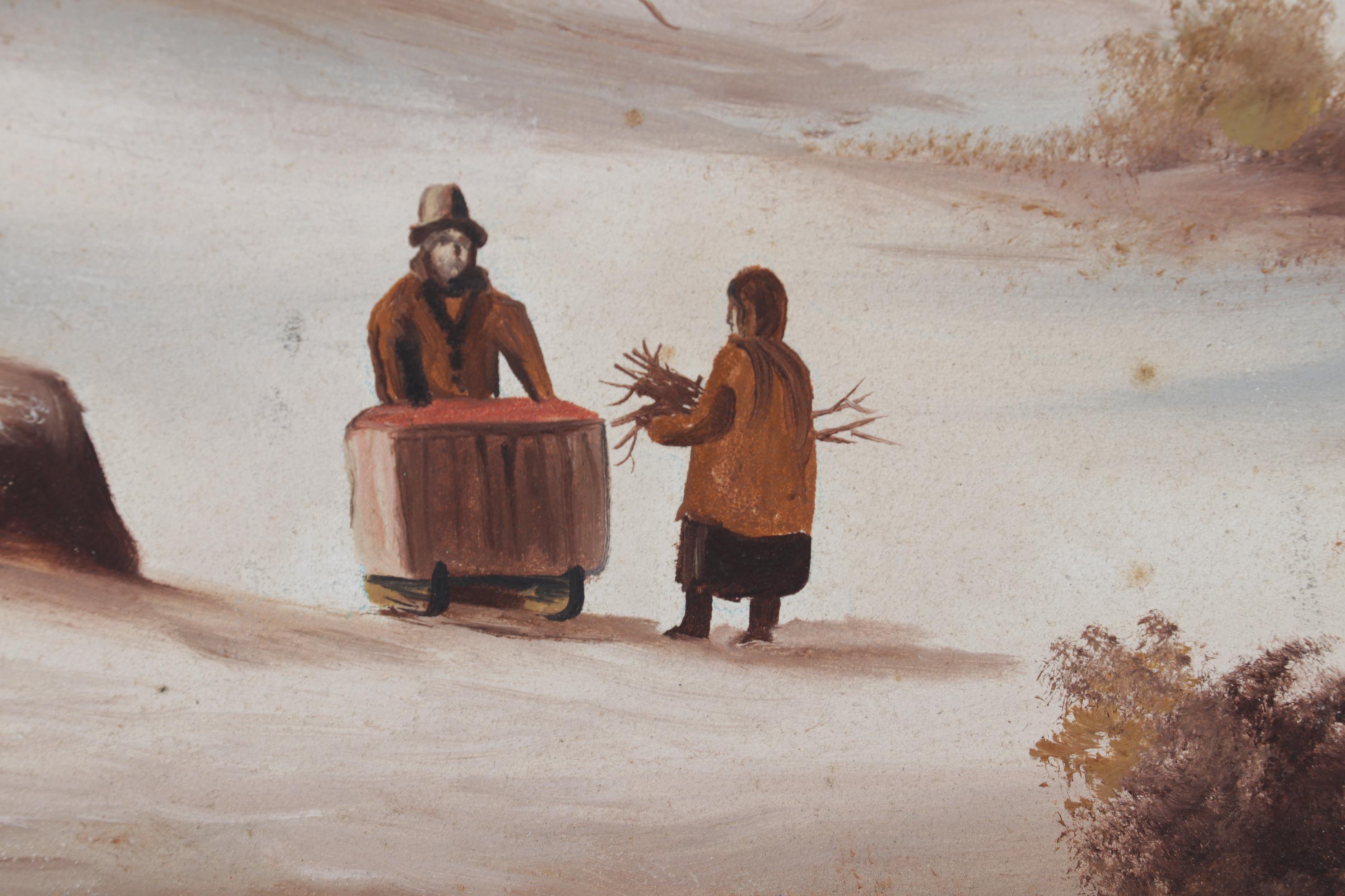 Primitivist Oil Painting of Figures Gathering Firewood in Mountain Valley, 1977