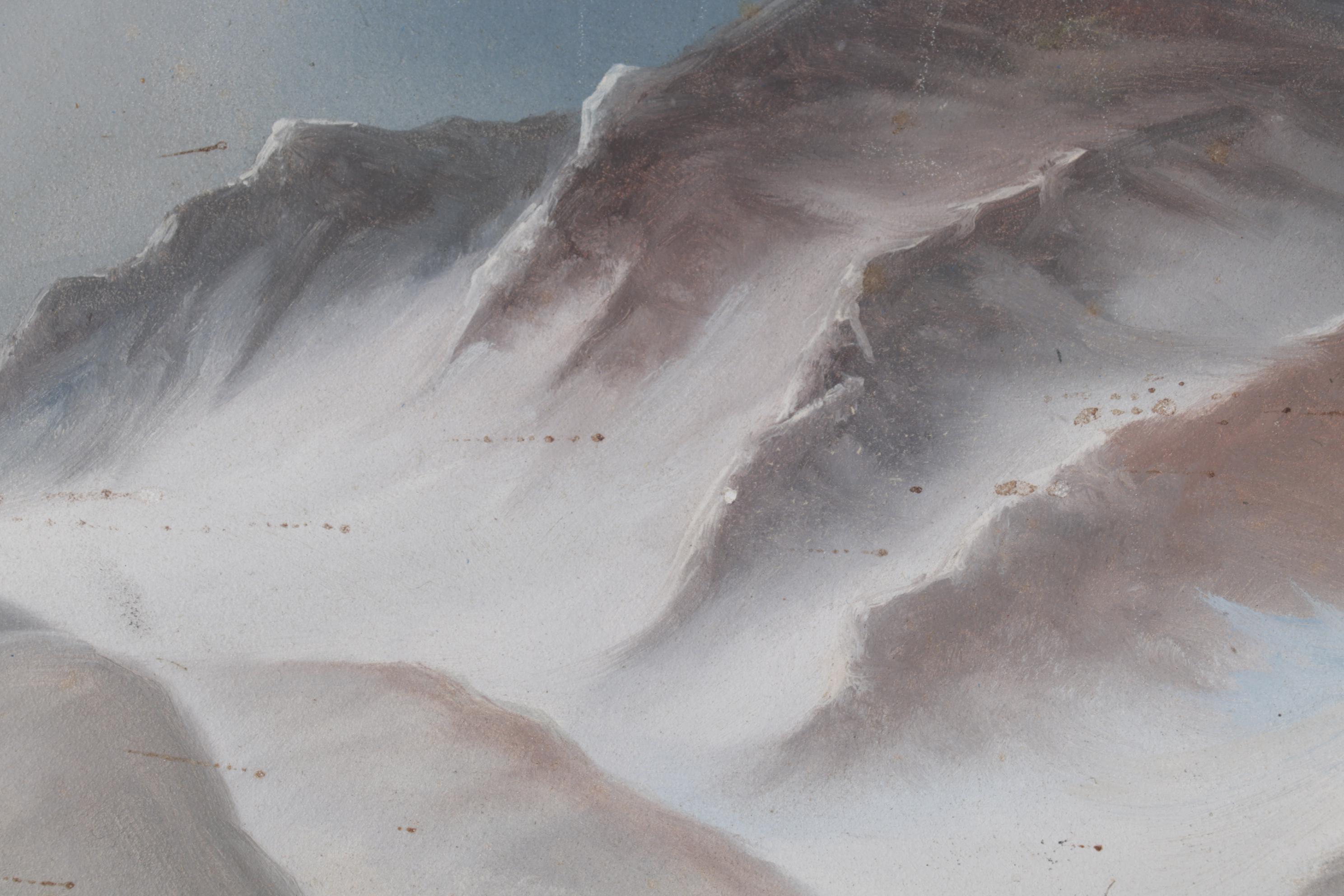 Primitivist Oil Painting of Figures Gathering Firewood in Mountain Valley, 1977