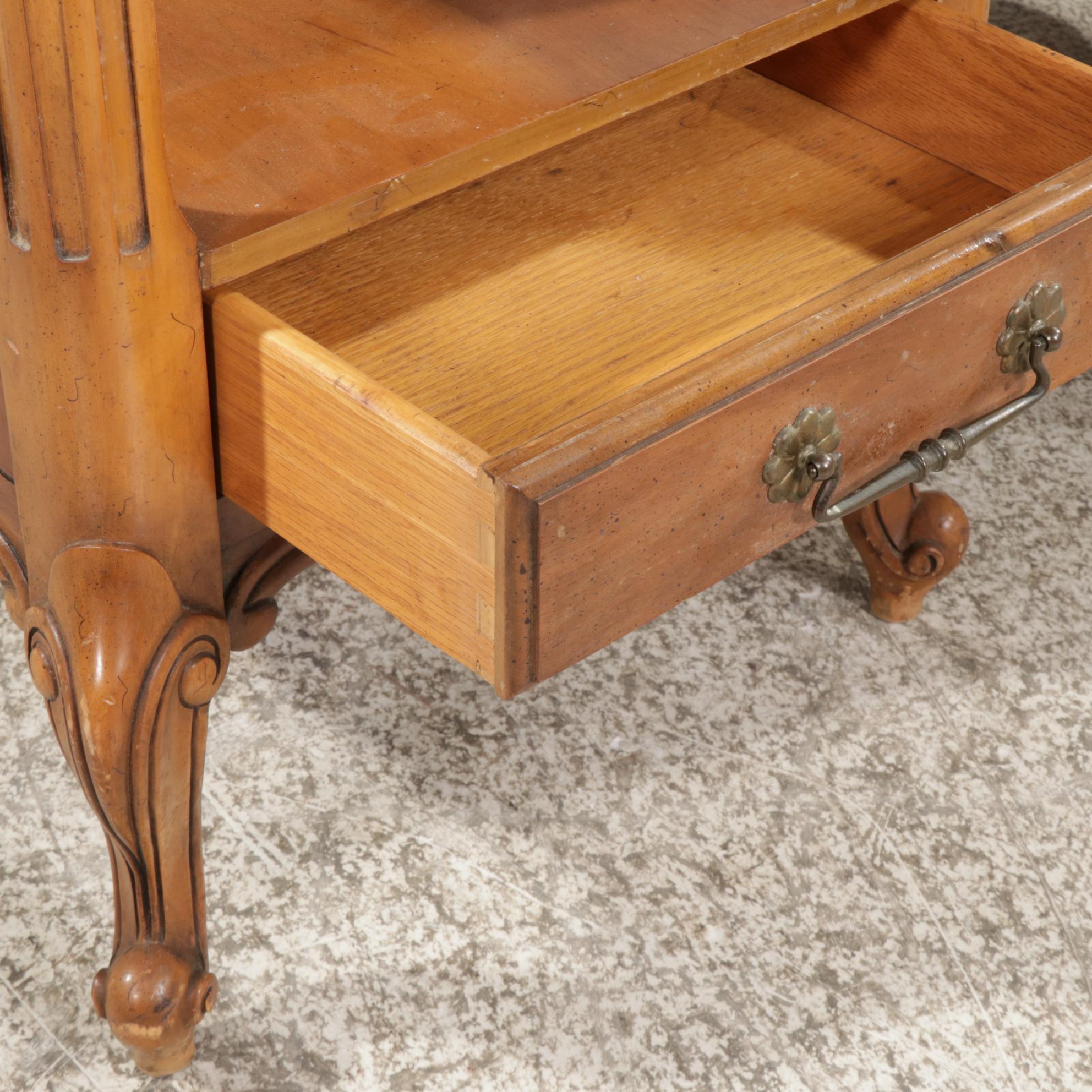 French Provincial Style Fruitwood-Stained and Pink Marble Top End Tables