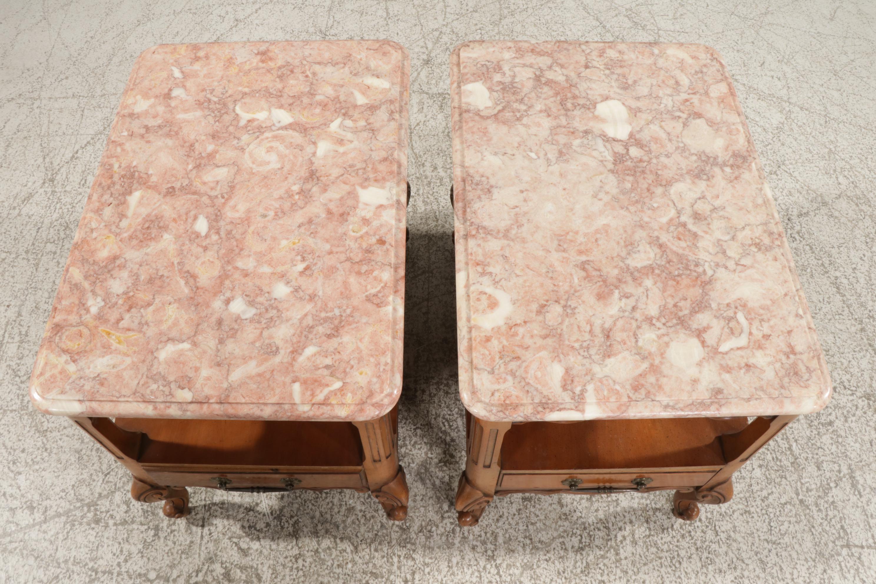 French Provincial Style Fruitwood-Stained and Pink Marble Top End Tables