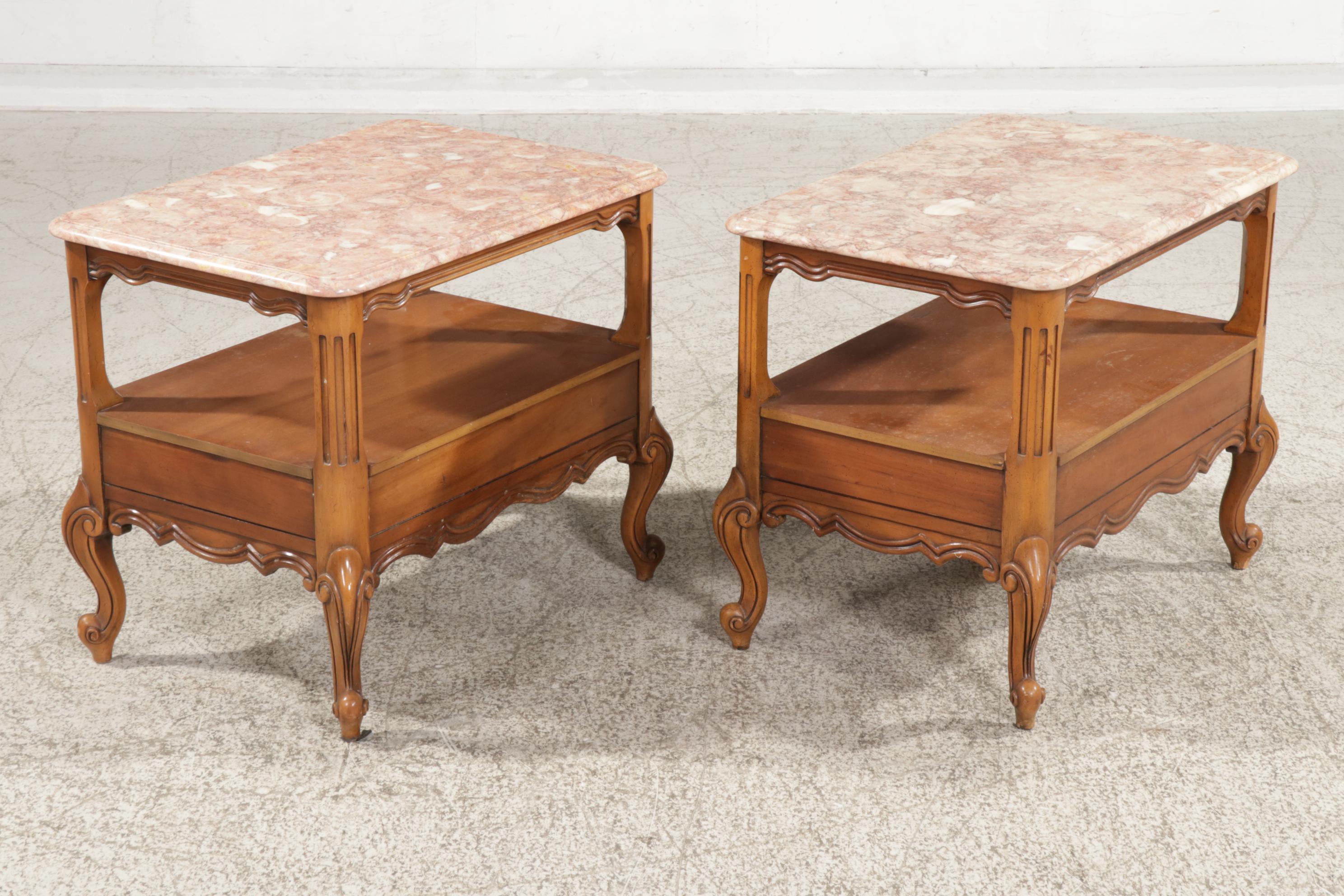 French Provincial Style Fruitwood-Stained and Pink Marble Top End Tables