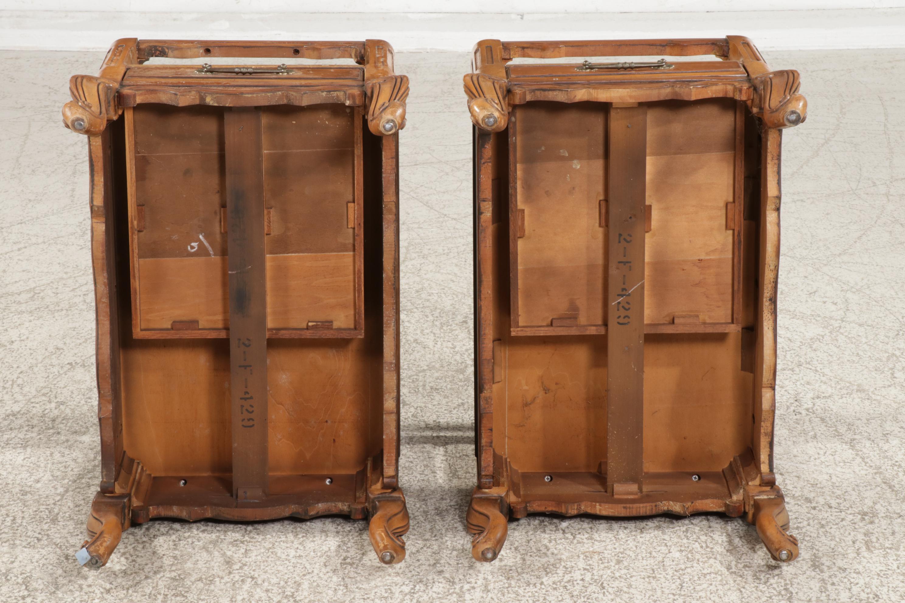 French Provincial Style Fruitwood-Stained and Pink Marble Top End Tables