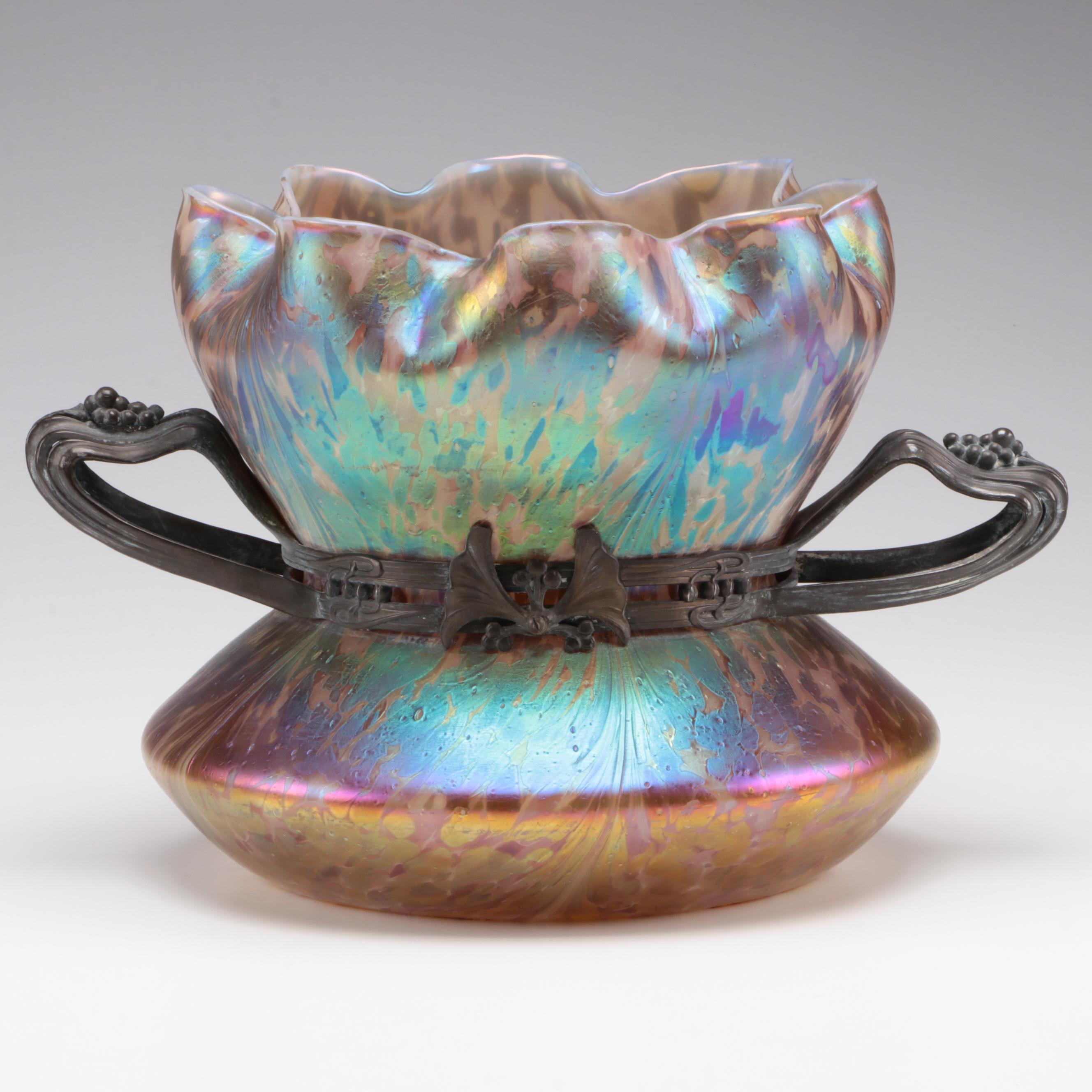 Bohemian Art Nouveau Pewter-Mounted Iridescent Art Glass Vase, Probably Loetz
