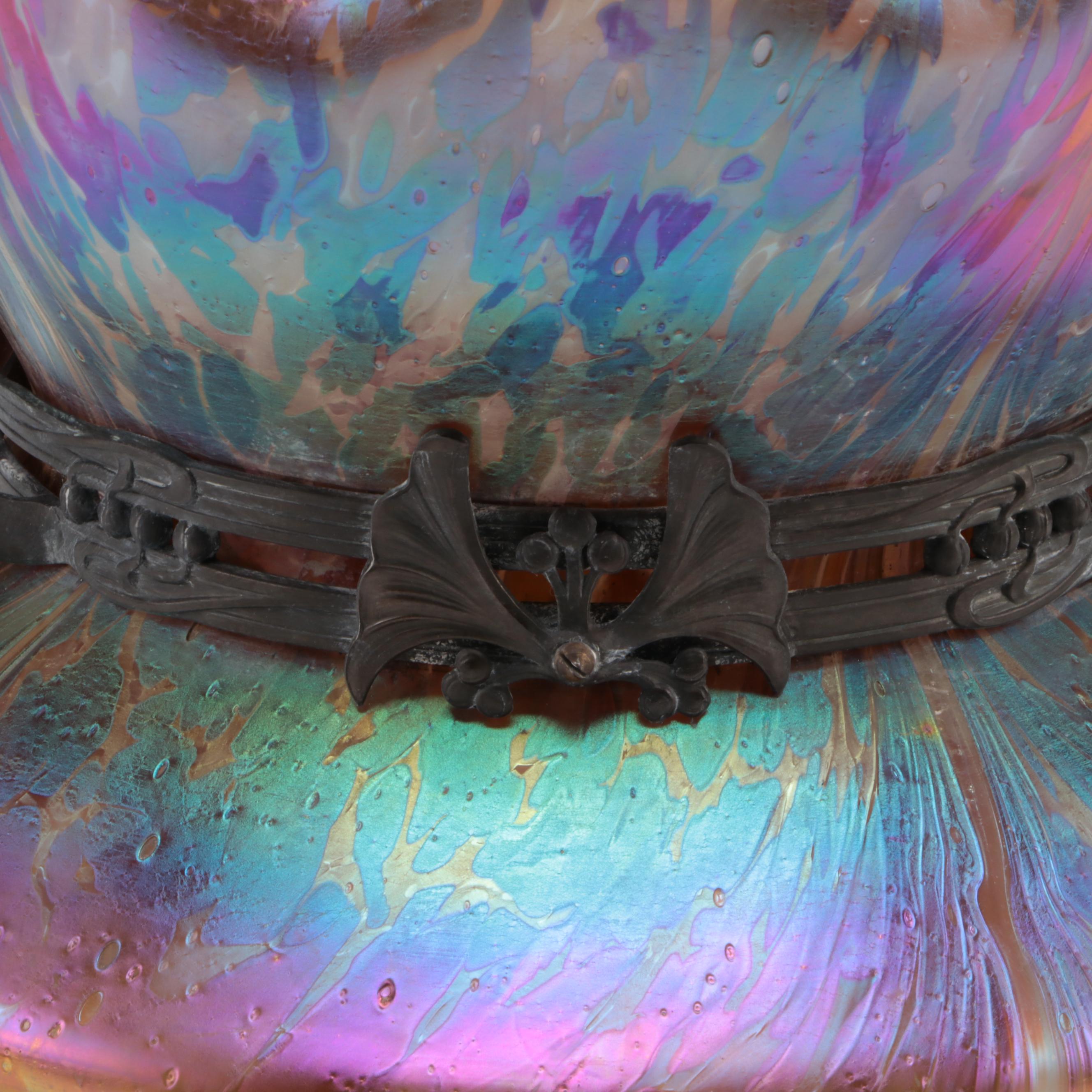 Bohemian Art Nouveau Pewter-Mounted Iridescent Art Glass Vase, Probably Loetz