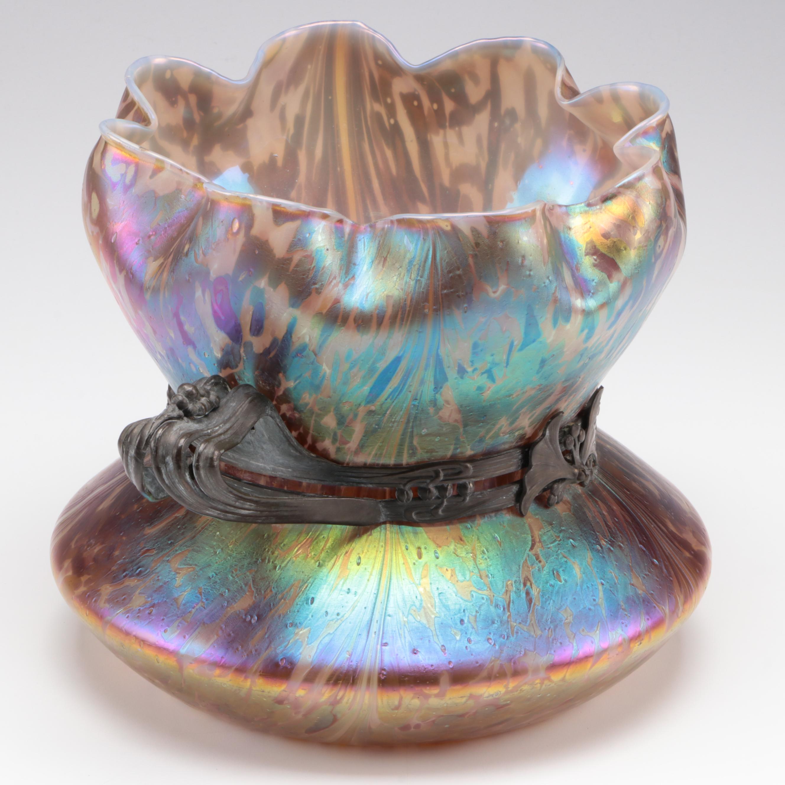 Bohemian Art Nouveau Pewter-Mounted Iridescent Art Glass Vase, Probably Loetz