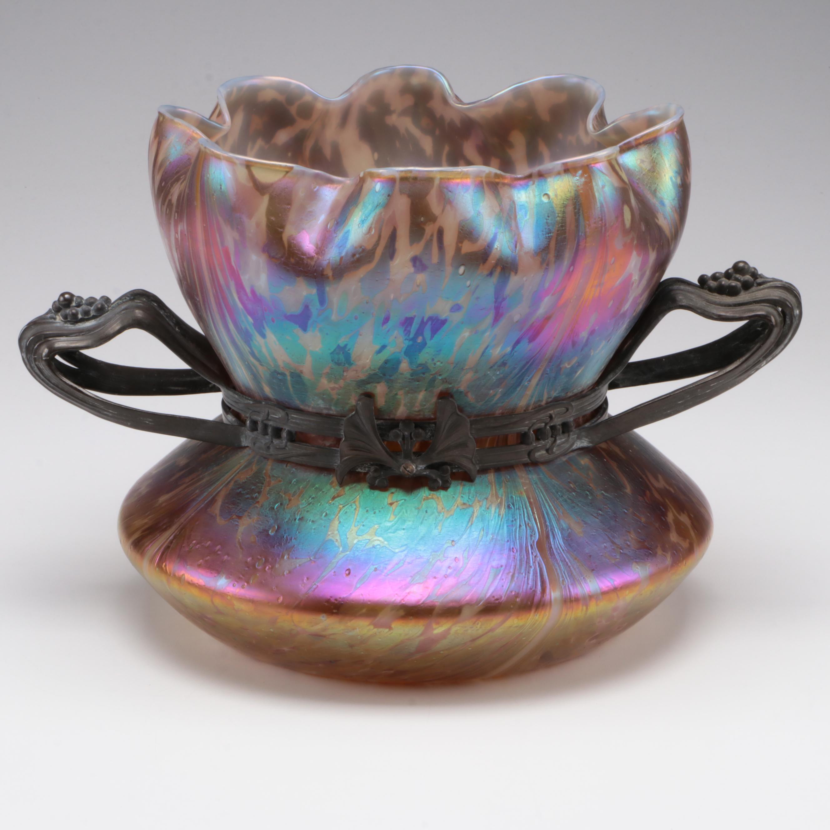 Bohemian Art Nouveau Pewter-Mounted Iridescent Art Glass Vase, Probably Loetz