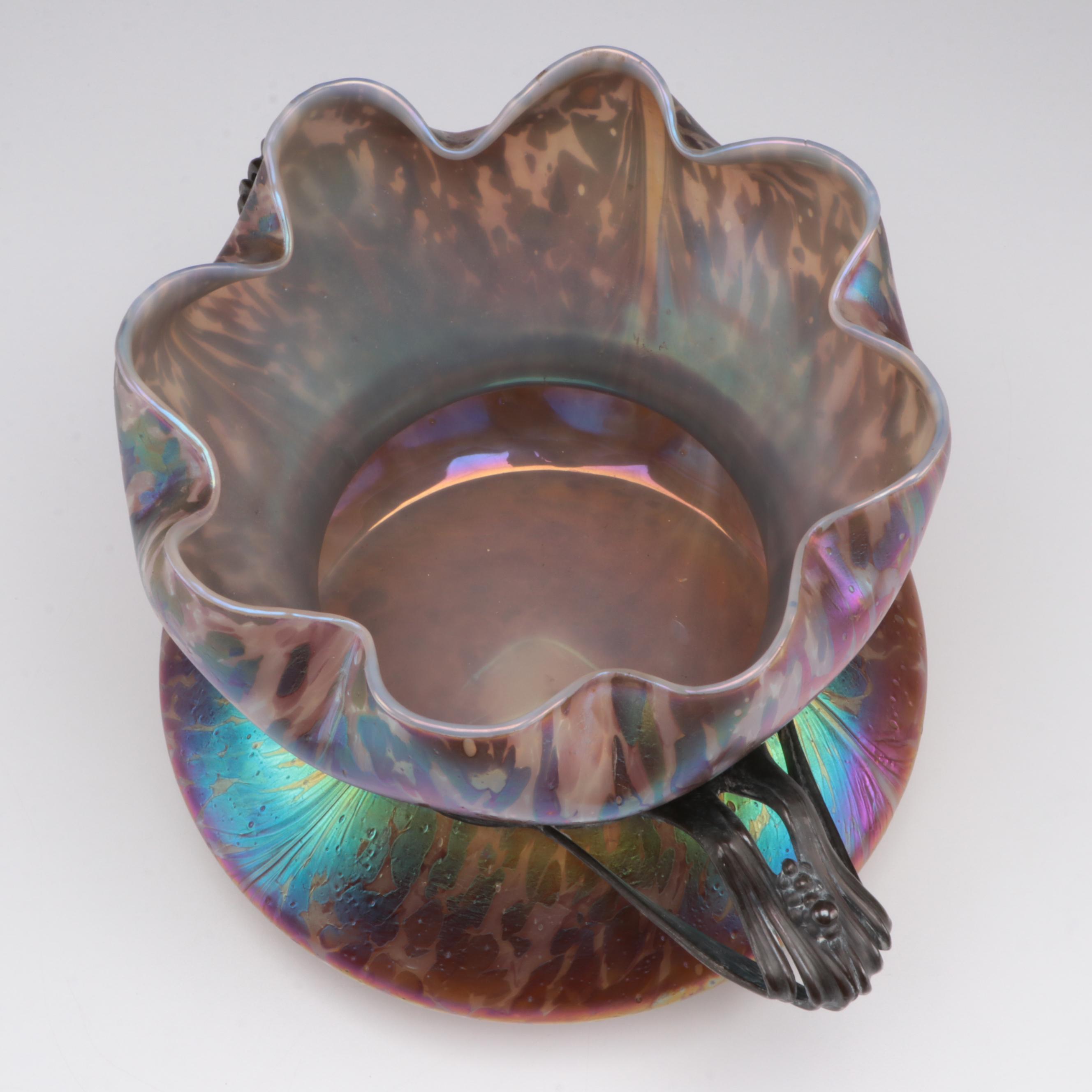 Bohemian Art Nouveau Pewter-Mounted Iridescent Art Glass Vase, Probably Loetz