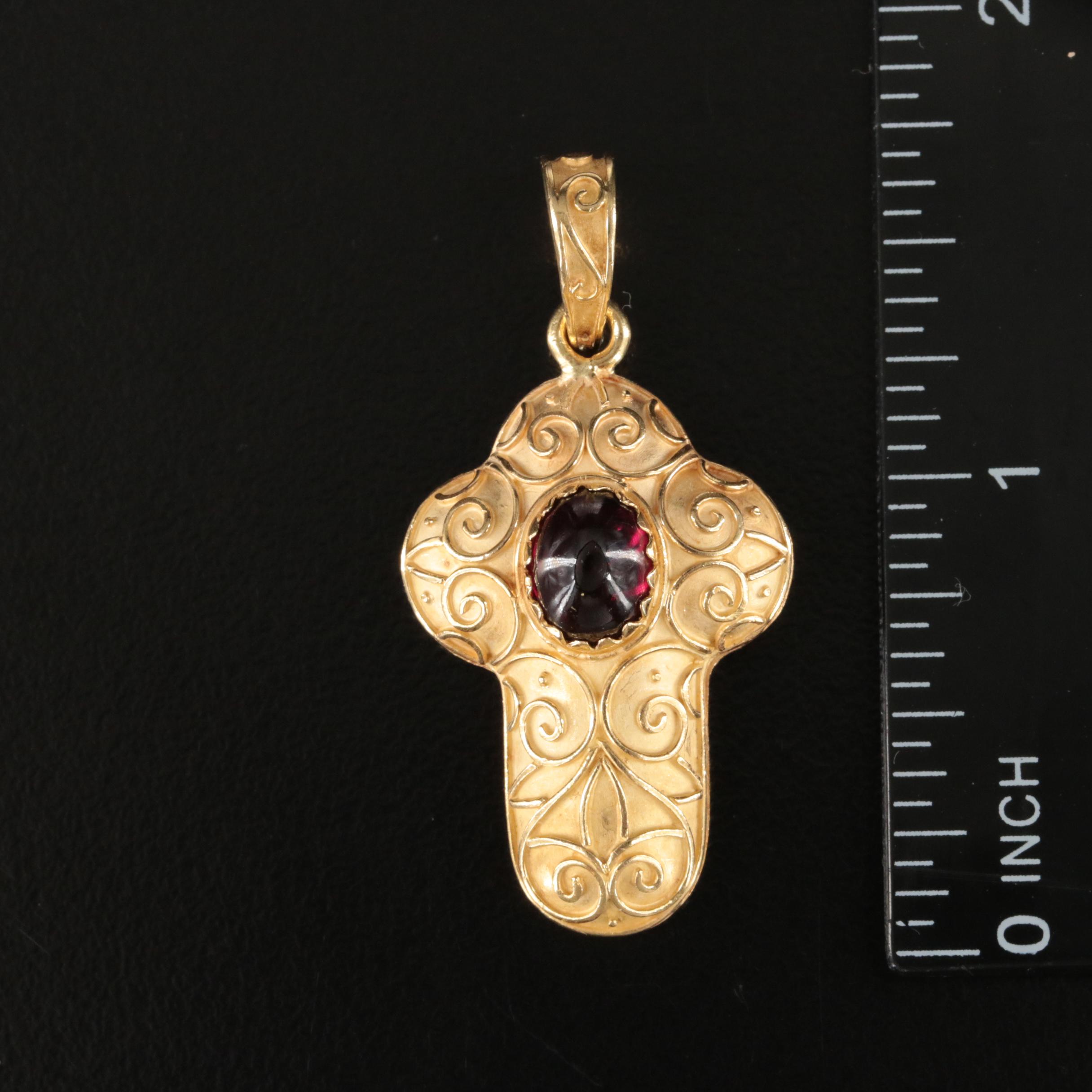Italian 18K Garnet Cross Pendant with Scroll Detail