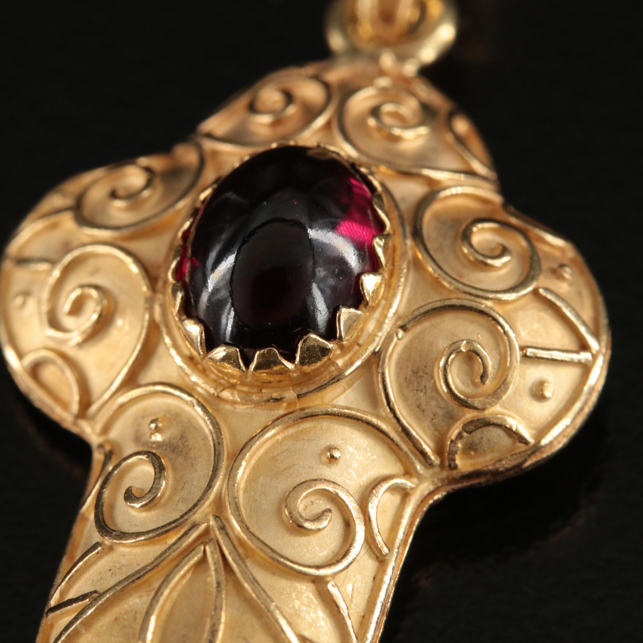 Italian 18K Garnet Cross Pendant with Scroll Detail