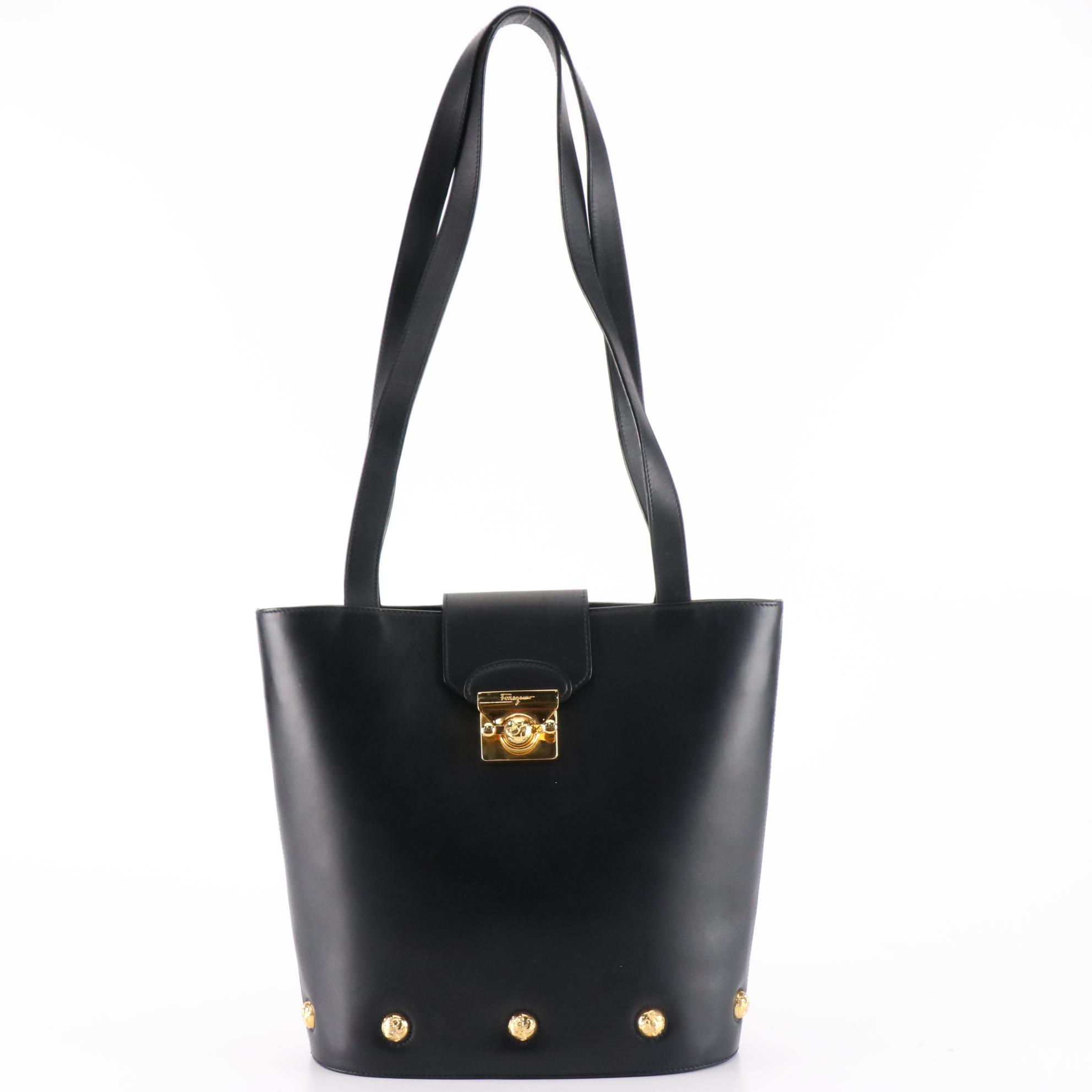 Salvatore Ferragamo Shoulder Bag with High Heel Motif Hardware in Navy Leather