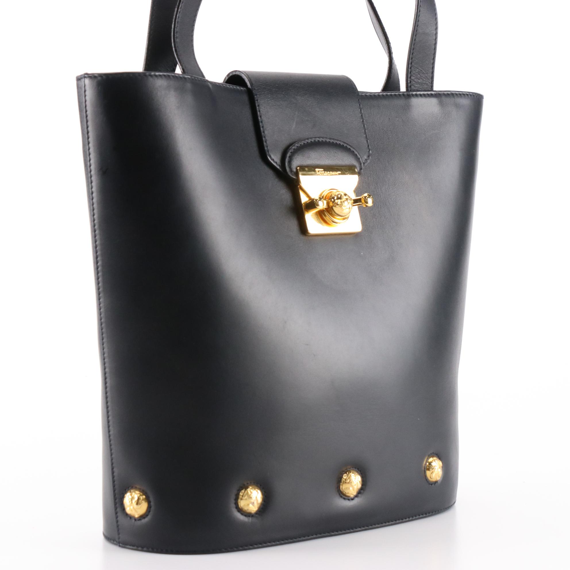 Salvatore Ferragamo Shoulder Bag with High Heel Motif Hardware in Navy Leather