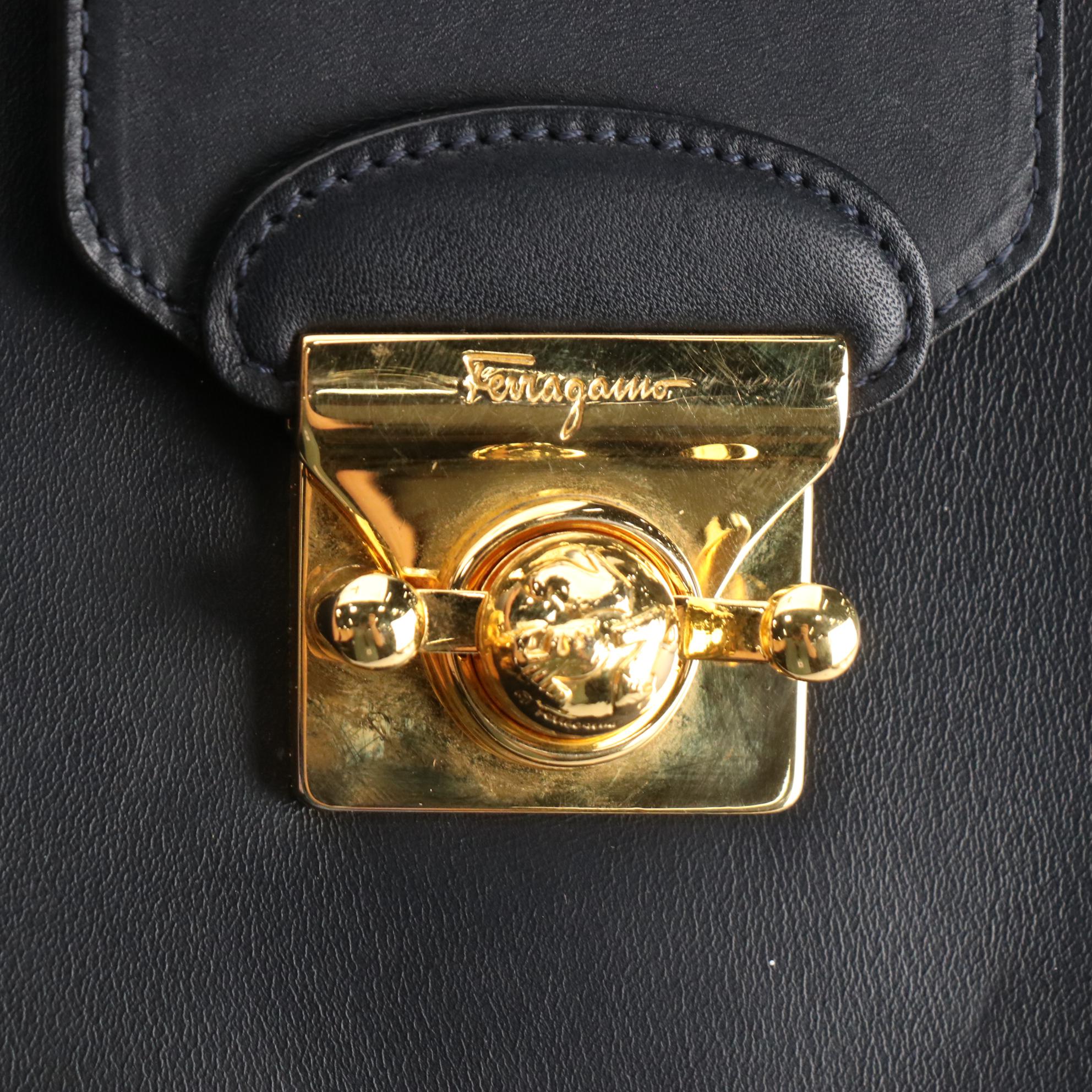 Salvatore Ferragamo Shoulder Bag with High Heel Motif Hardware in Navy Leather