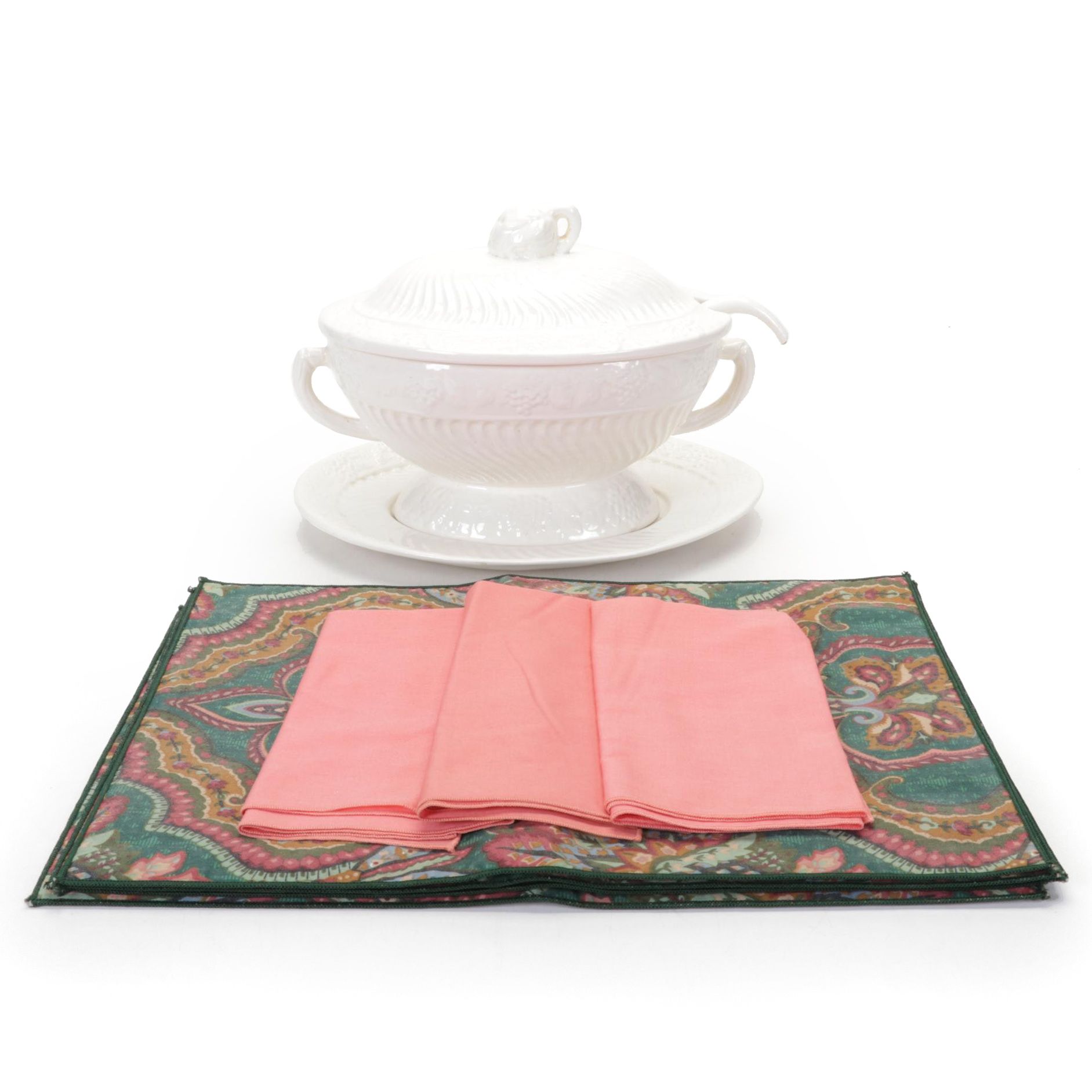 White Ceramic Tureen and Underplate with Table Linens