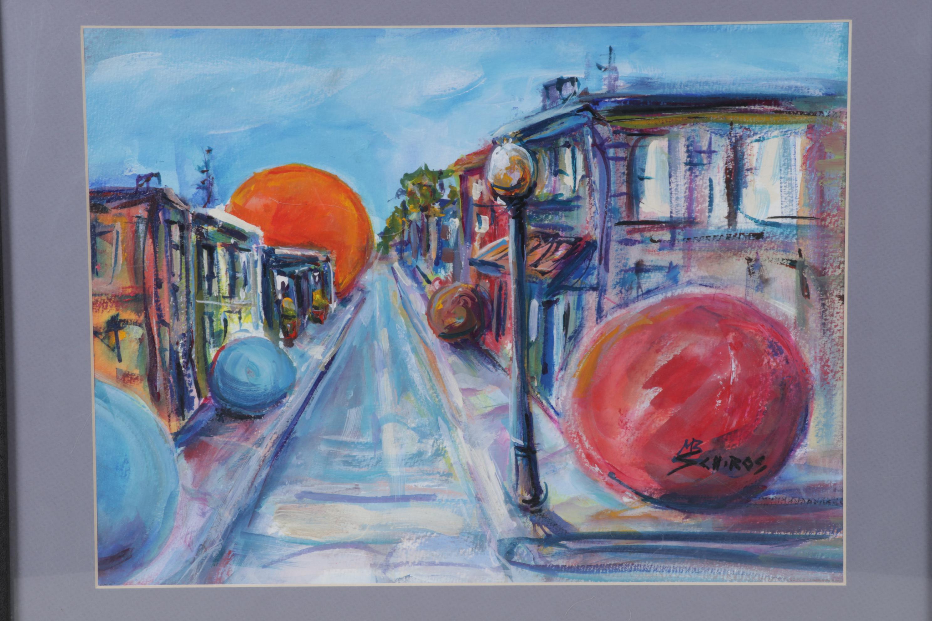 Mary Beth Schiros Folk Art Acrylic Painting of Colored Spheres on Sidewalks