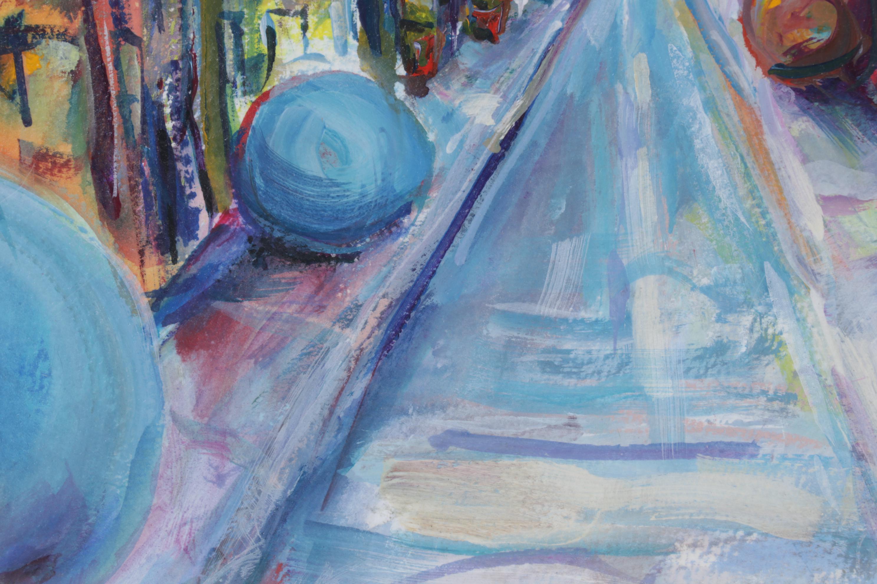 Mary Beth Schiros Folk Art Acrylic Painting of Colored Spheres on Sidewalks