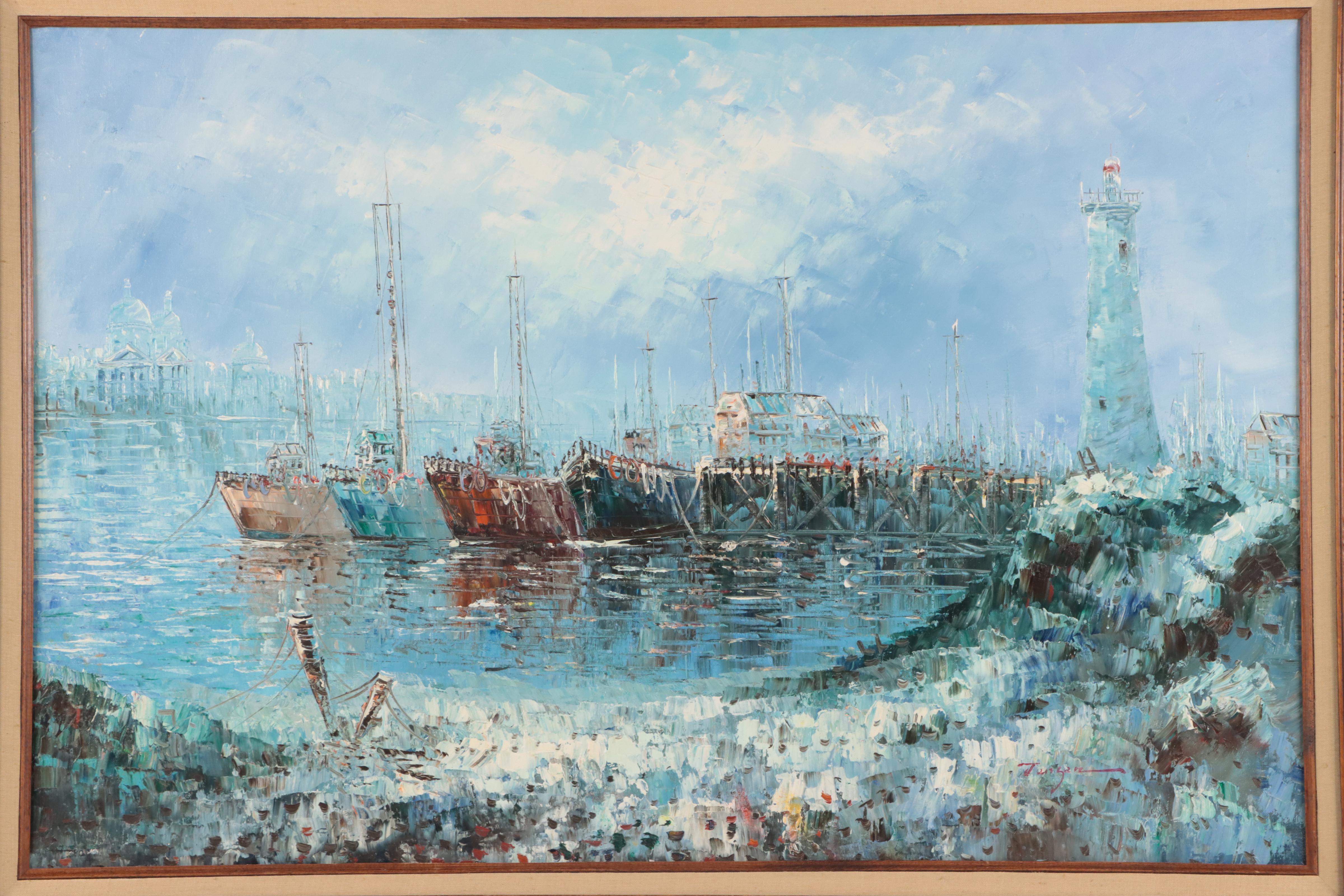 Harbor Scene Oil Painting, Circa 1960