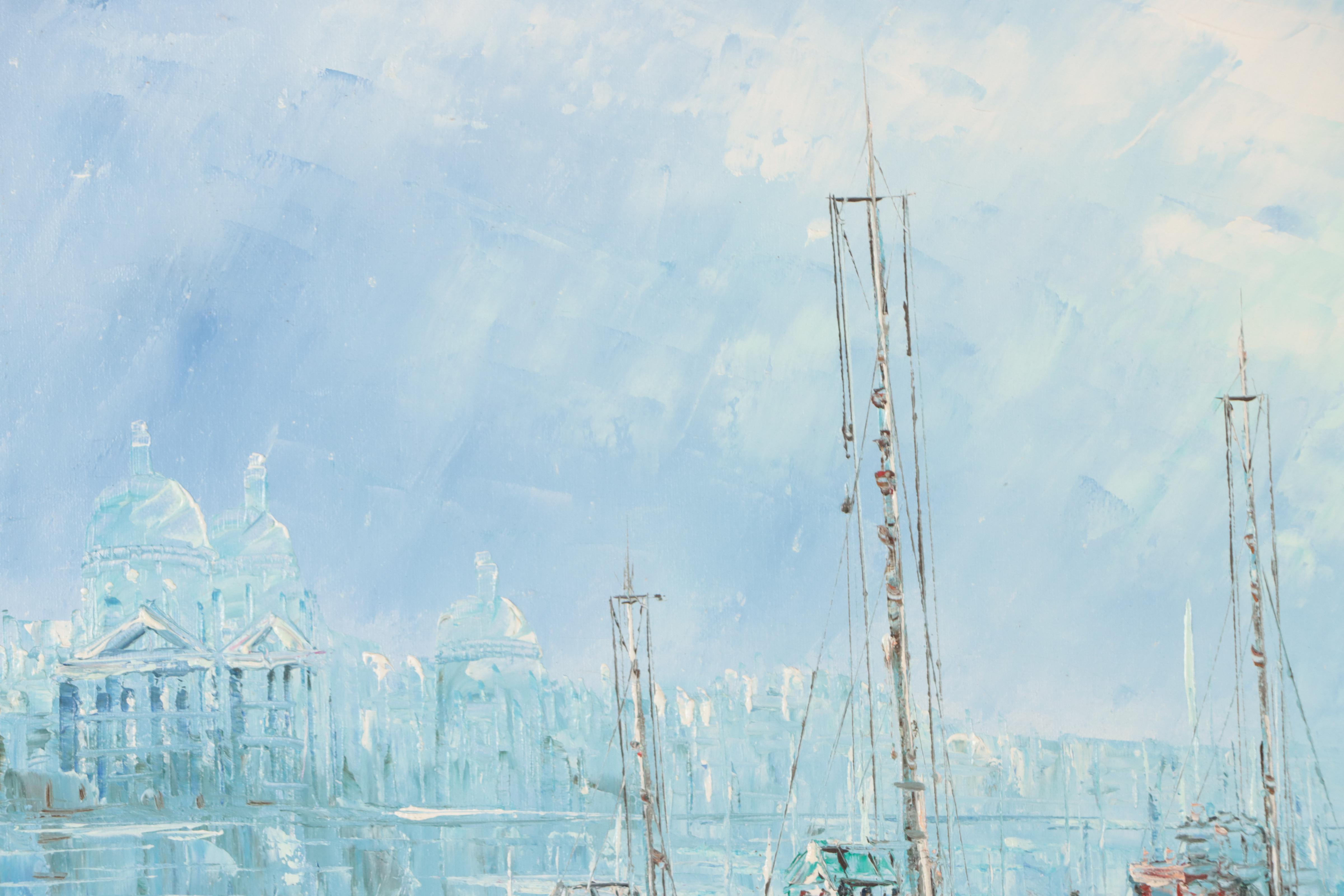 Harbor Scene Oil Painting, Circa 1960