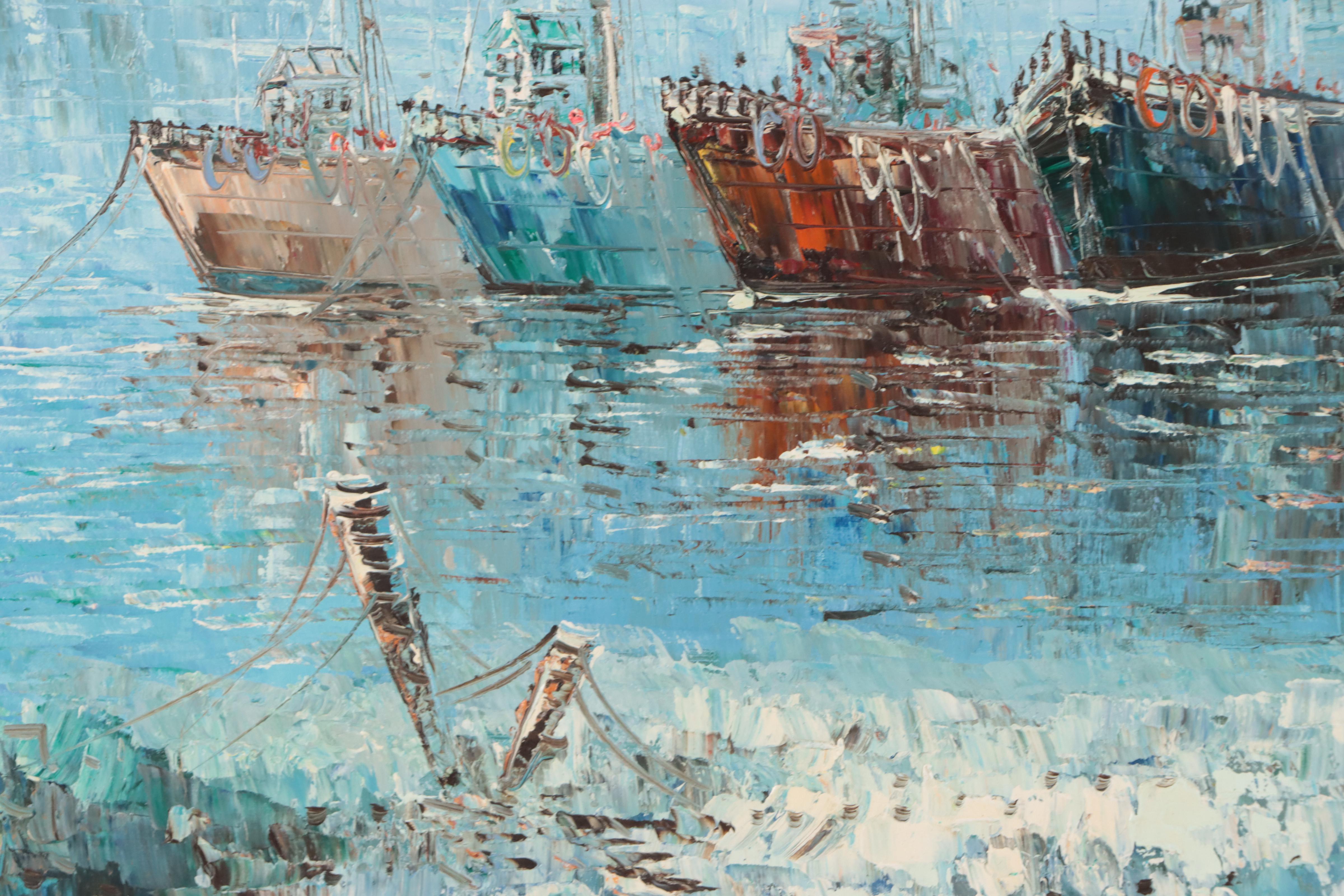 Harbor Scene Oil Painting, Circa 1960