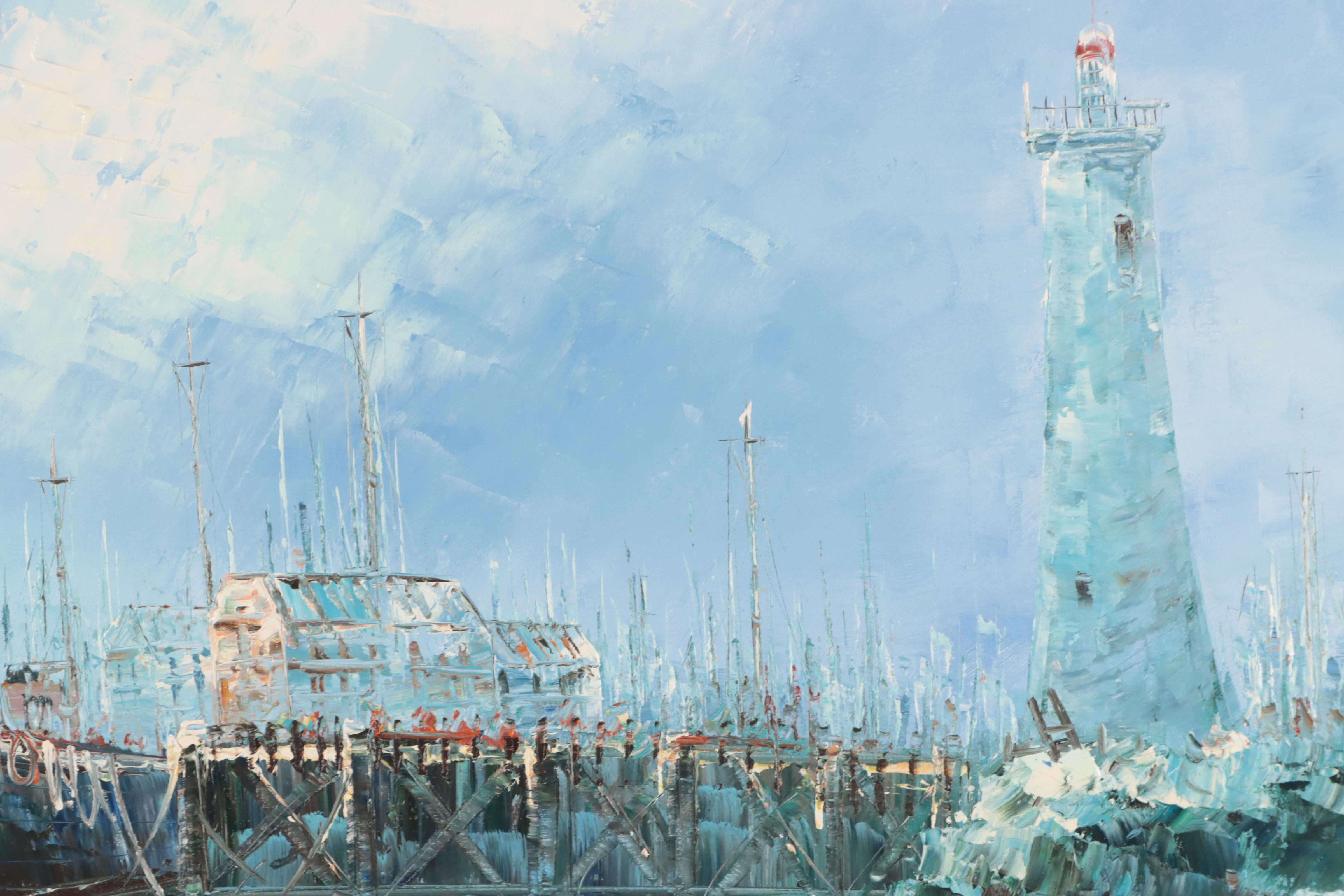 Harbor Scene Oil Painting, Circa 1960