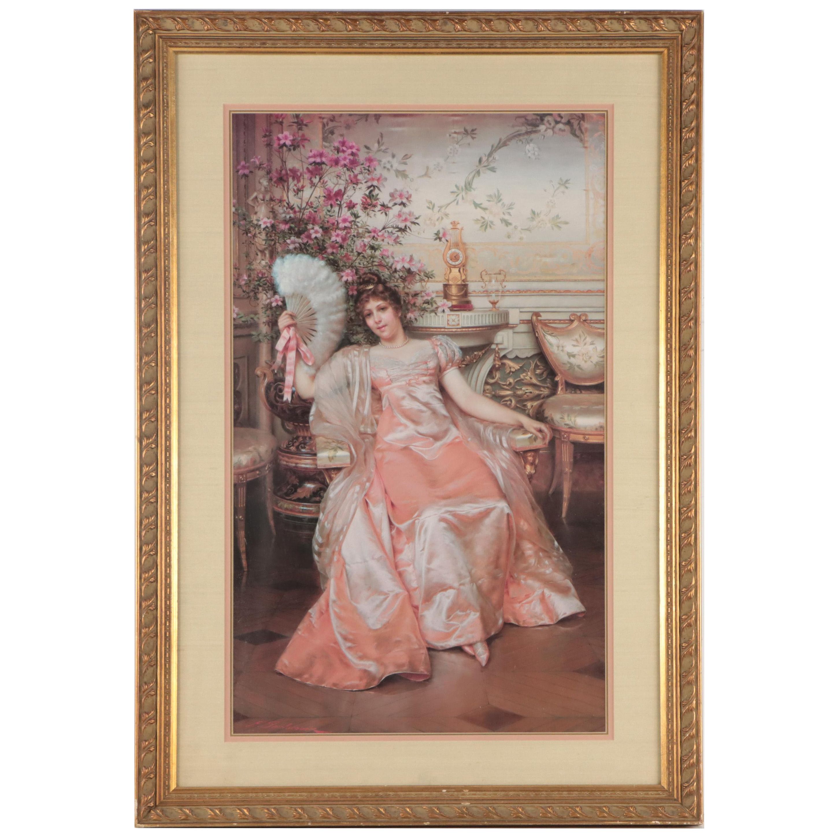 Offset Lithograph of Woman With Fan After Frederic Soulacroix