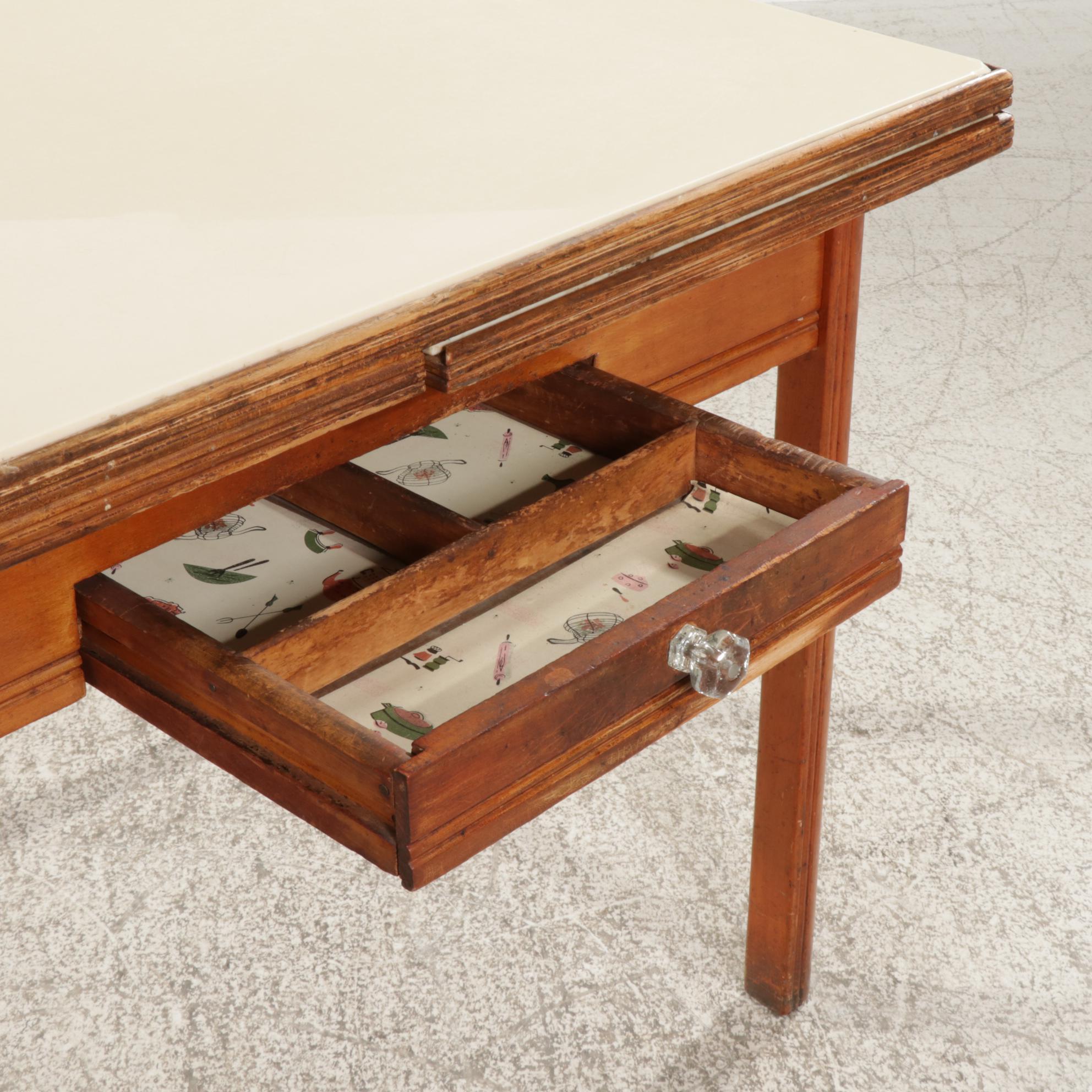 Extending Kitchen Table with Milkglass Top Insert, Early to Mid 20th Century