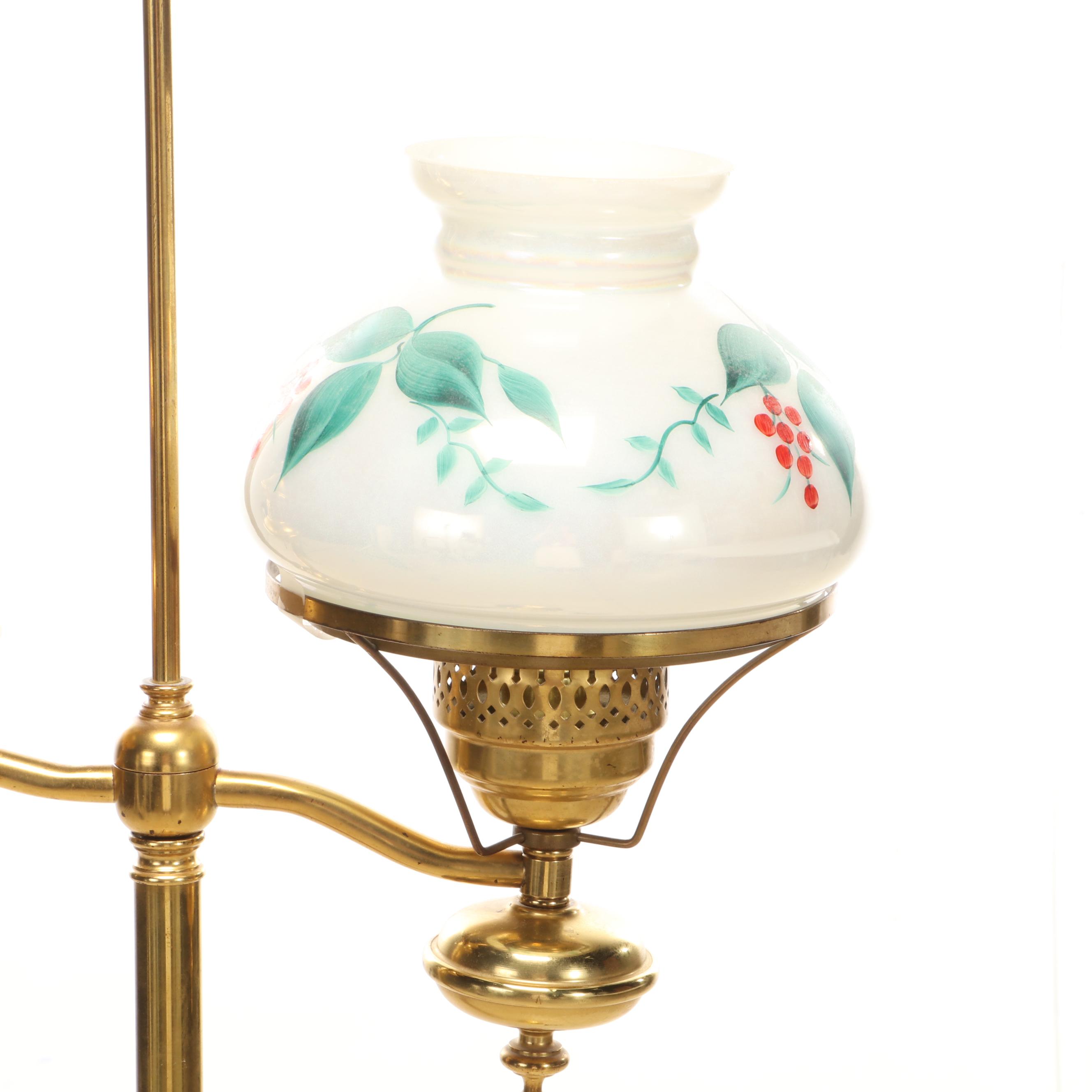 Brass Offset Arm Floor Lamp With Painted Milk Glass Shade, Mid-20th Century